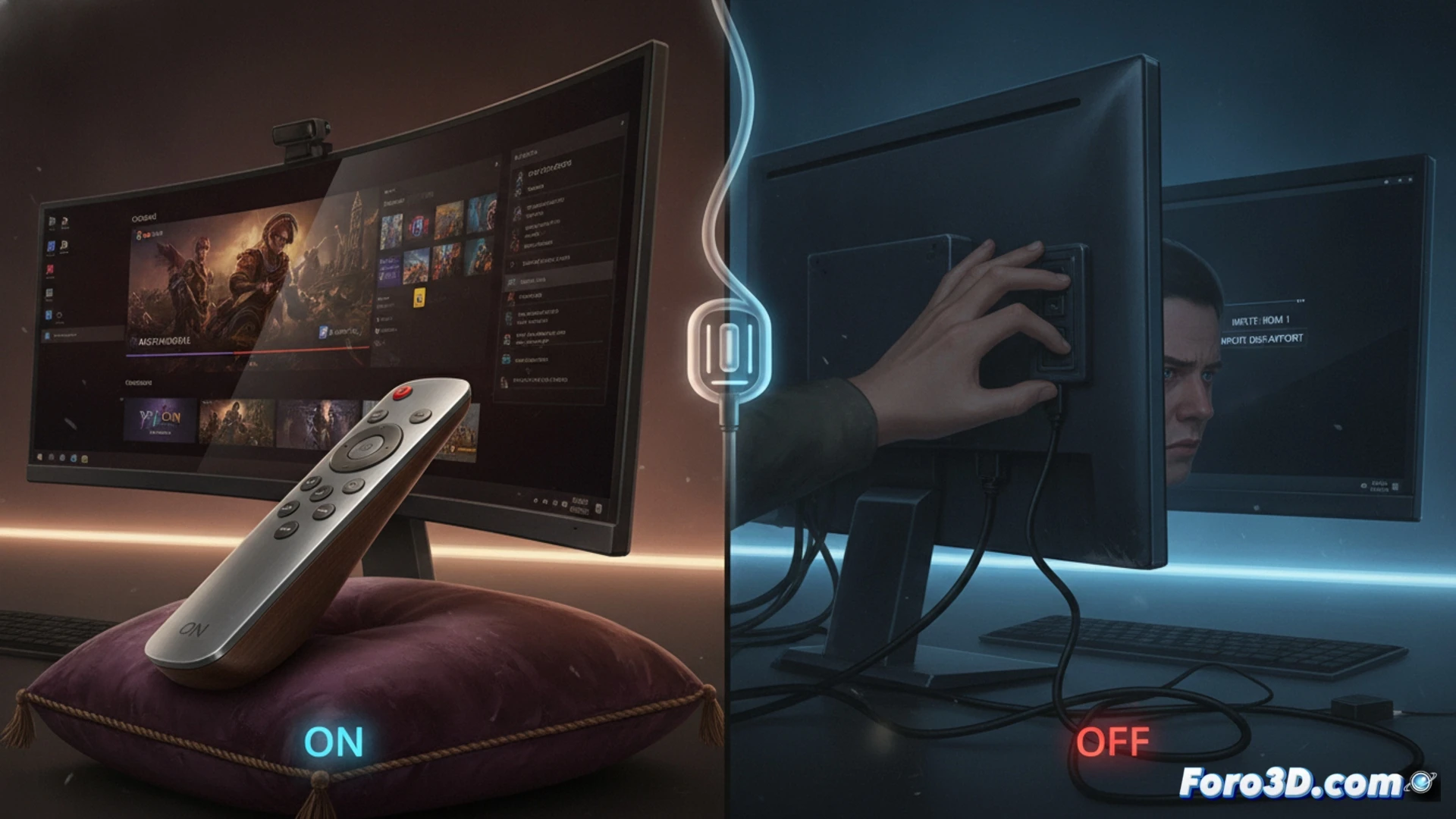 person reaching around back of monitor pressing small buttons while another person lounges on sofa holding remote control, monitor screen showing input source menu switching from PC to console, tangled cables behind desk visible, smooth hand motion pressing remote button, photorealistic technical illustration, dramatic side lighting highlighting button textures and screen glow, clean minimalist desk setup with gaming PC and console, dust particles in light beam, ultra-detailed plastic remote finish, cinematic composition with shallow depth of field focusing on remote and screen