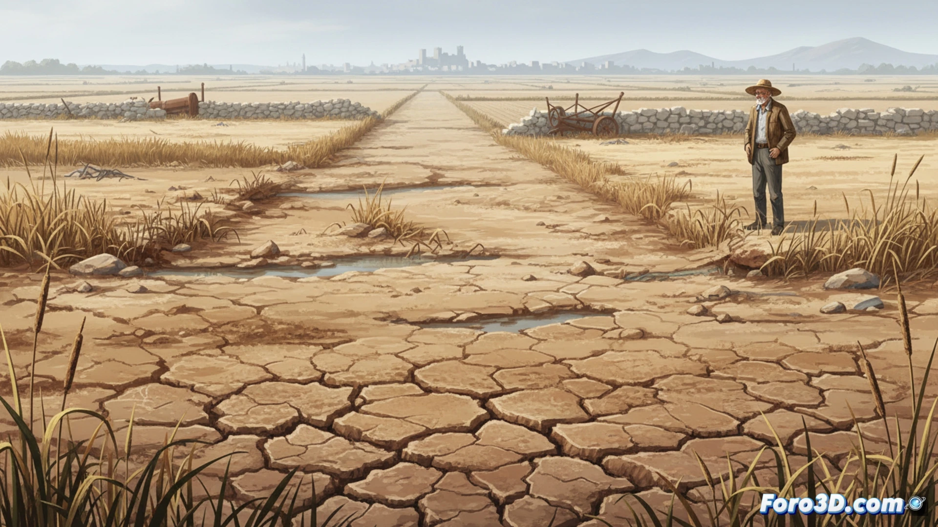 campo abandonado de marjal valenciano, suelo agrietado y seco, antiguas acequias de riego obstruidas por maleza seca, restos de herramientas agrícolas oxidadas como azadas y tijeras de podar tiradas entre hierbajos, un viejo tractor averiado semioculto por arbustos, al fondo una alquería en ruinas con techo hundido, durante el atardecer con luz dorada y sombras alargadas, mostrando el contraste entre la tierra estéril y las montañas al horizonte, estilo cinematográfico realista, fotografía documental, texturas de polvo y vegetación muerta, atmósfera de abandono y decadencia agrícola, ultra detallado