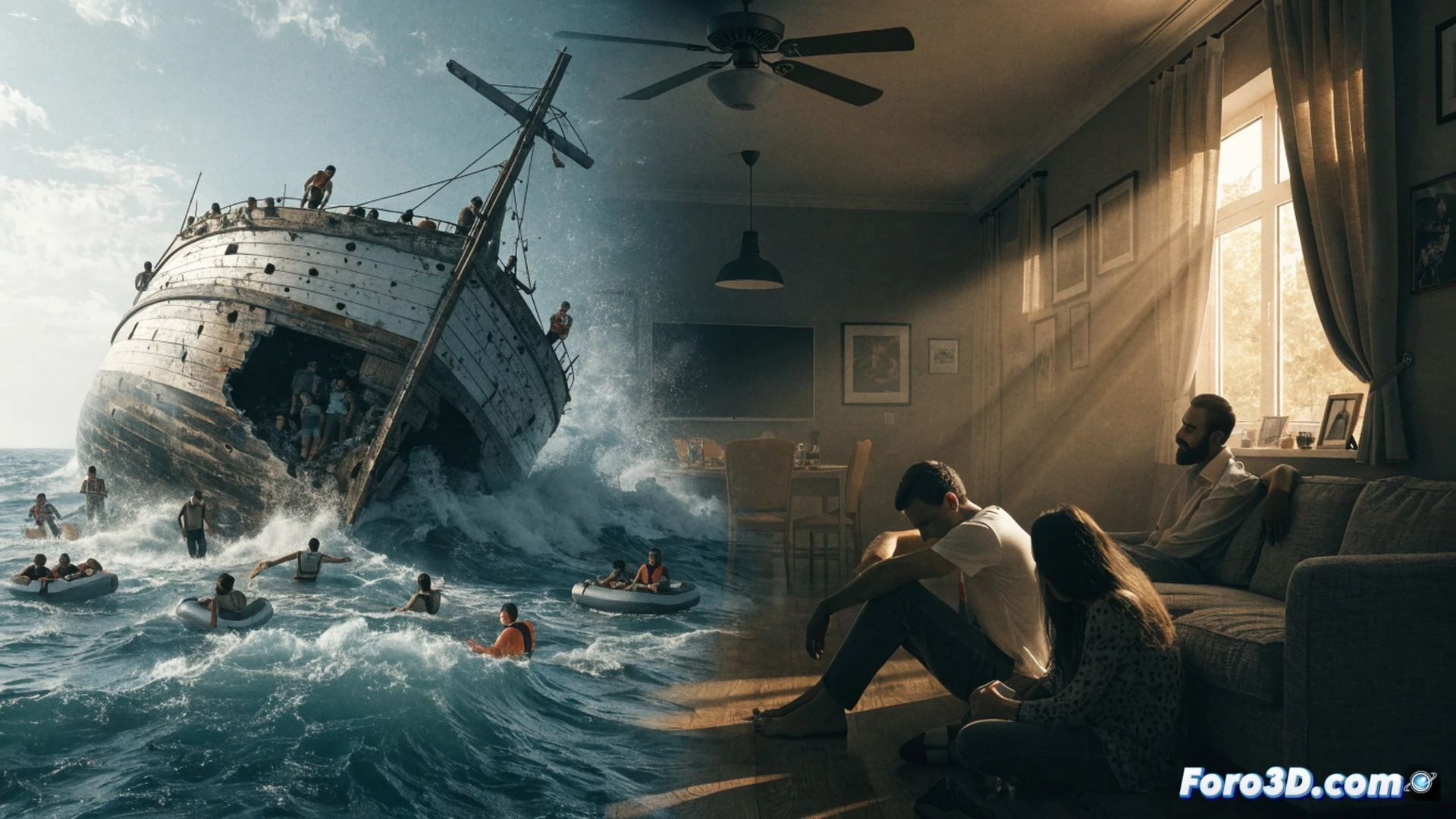 Mediterranean Sea at dawn, a half-submerged rubber boat with torn black hull, rescue drone hovering above scanning debris, a family on a rocky shore clutching a smartphone showing a blank map with no GPS signal, wind lifting a woman's hair as she stares at the empty horizon, photorealistic cinematic visualization, cold blue ocean mist, dramatic low-angle sunlight, rusted metal fragments floating, hyper-detailed water texture, emotional tension in silhouettes, technical maritime rescue equipment visible, empty life jacket drifting on waves