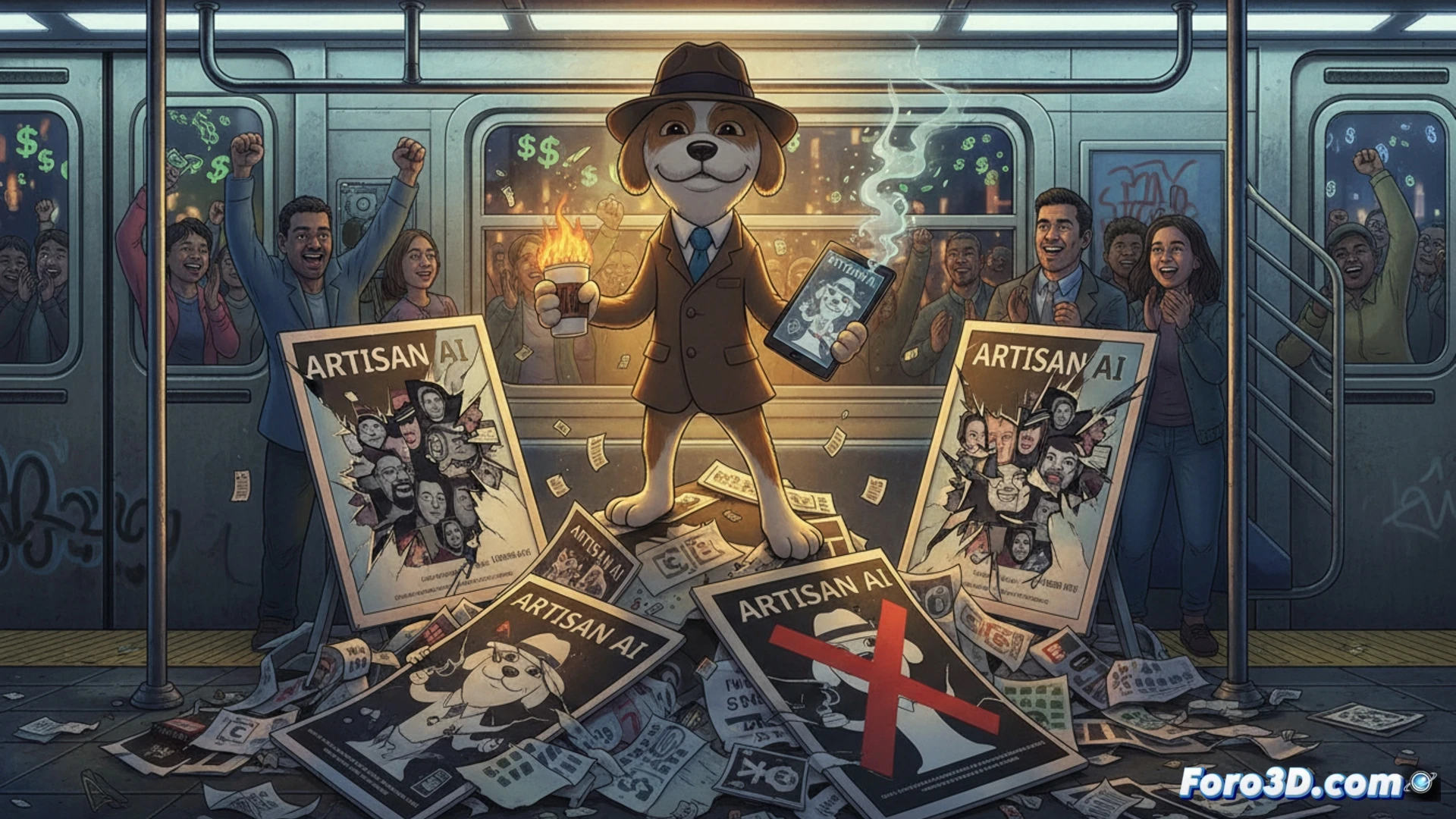 digital billboard in a subway station being physically peeled away by a cartoon dog s paw, while a robot arm with glowing AI chip tries to hold the poster in place, torn paper edges revealing a meme dog sitting in a burning room, sparks flying from the robot s servo motors, commuters watching in surprise, cinematic engineering visualization, dark underground tunnel with fluorescent lighting, mechanical failure glow effects, photorealistic technical render, high contrast shadows, metallic debris on subway floor