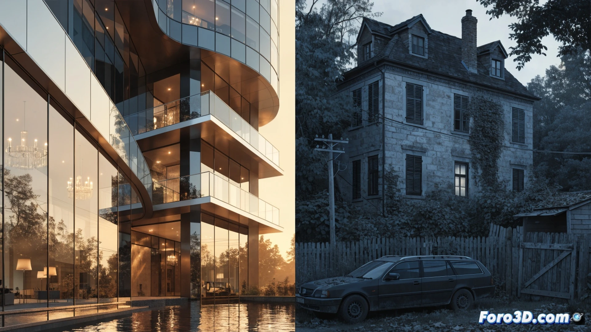 cinematic scene showing a luxury high-rise glass tower construction site, a golden crane lifting a penthouse steel frame into the sky, foreground showing a middle-class family standing in front of a crumbling suburban house, their hands empty, while a glowing holographic graph displays rising interest rates and inflation arrows piercing a house icon, photorealistic engineering visualization, dramatic contrast between polished glass and cracked concrete, dark storm clouds gathering above the suburban house, golden sunset light hitting the luxury tower, ultra-detailed architectural materials, cinematic depth of field, technical illustration style