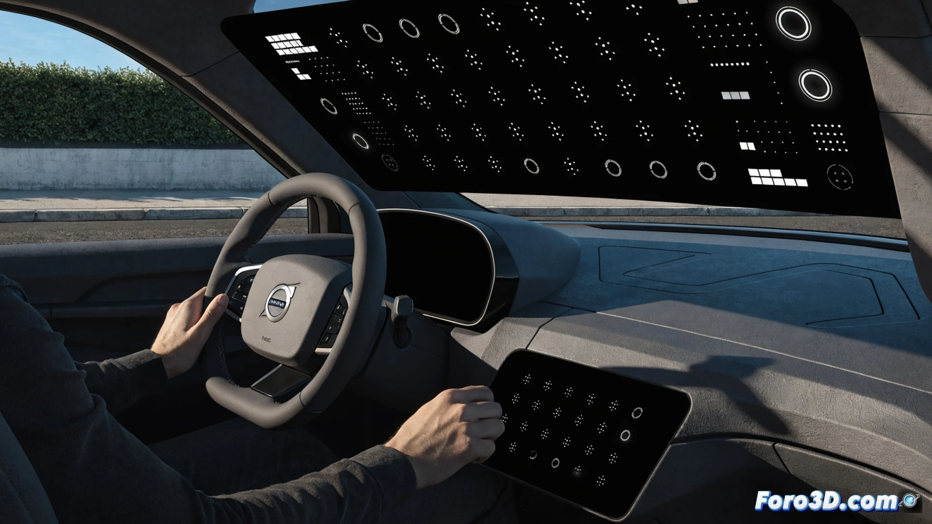 Volvo minimalista interior de coche, conductor mirando una enorme pantalla panorámica táctil que ocupa todo el salpicadero, manos del conductor flotando sobre la pantalla sin tocar el volante, reflejos digitales azules y blancos en el parabrisas, ausencia total de instrumentos analógicos, sensación de aislamiento visual, luz ambiental tenue y fría, asientos de cuero gris, volante estático, conducción pasiva, estilo cinematográfico hiperrealista, iluminación dramática de estudio, texturas de materiales nórdicos, render técnico de alta fidelidad