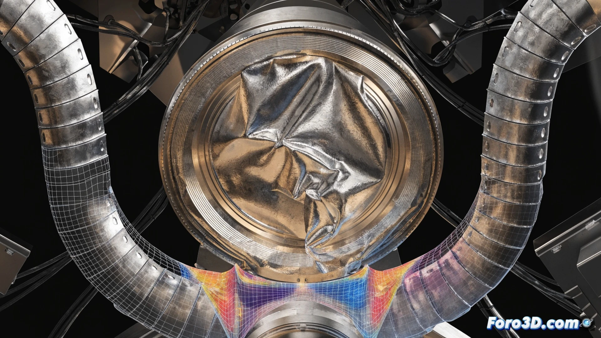 engineers inspecting a warped vacuum chamber panel inside a space simulation facility, cracked secondary weld seam glowing with thermal stress lines, 3D scanner arm from GOM Inspect projecting a blue laser grid over the deformed surface, adjacent monitor displaying COMSOL Multiphysics simulation of stress distribution with red-hot failure zones, tools and calibration targets on the floor, cinematic technical illustration, metallic surfaces with brushed steel texture, dramatic industrial overhead lighting, deep shadows, ultra-detailed mechanical components, photorealistic engineering visualization