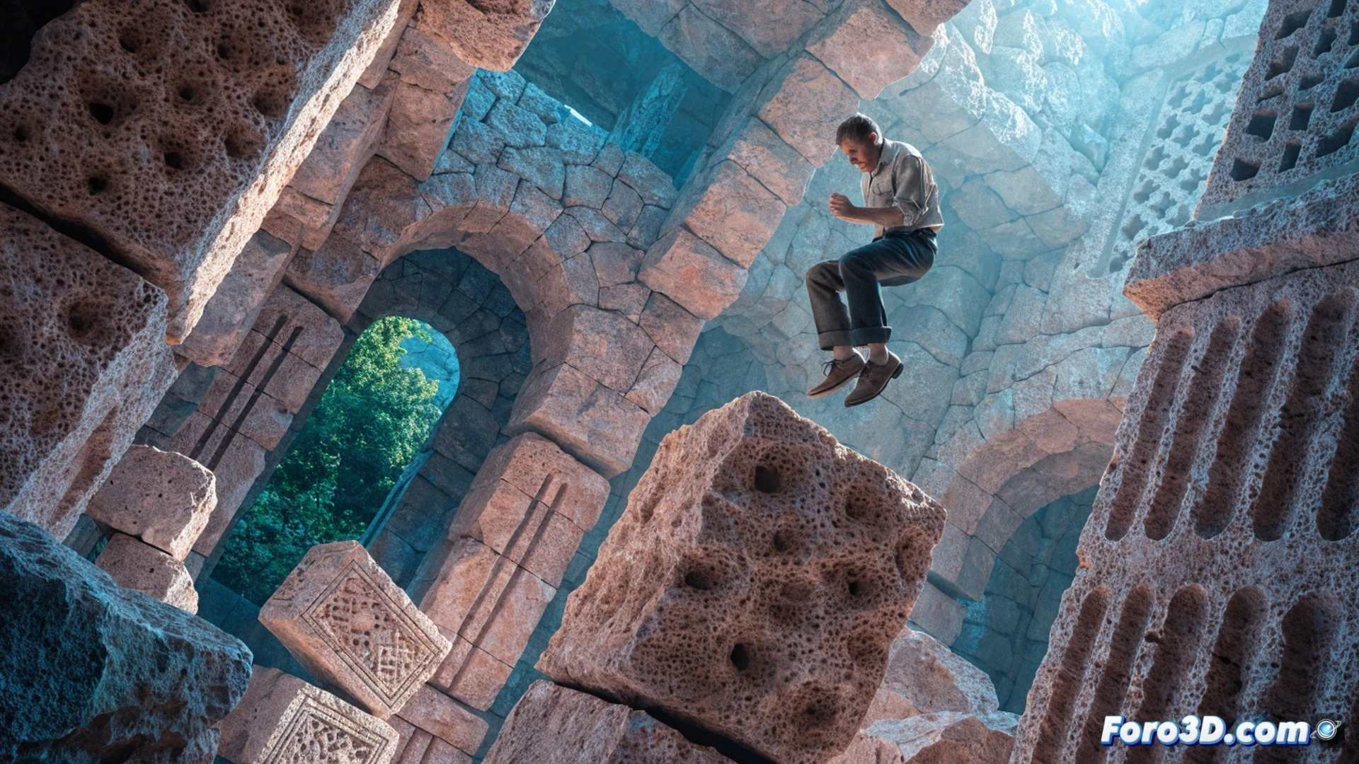 solitary man in 1930s work clothes using simple iron tripod and pulley system to lift massive coral limestone block, block suspended mid-air with visible strain on ropes, surrounding unfinished stone walls and carved obelisks, technical engineering visualization showing force vectors and torque lines as glowing orange arrows, photorealistic cinematic lighting with dramatic shadows, weathered stone textures, rusted metal tools, mysterious atmosphere, detailed mechanical components of homemade lifting device, action demonstrating counterweight leverage principle