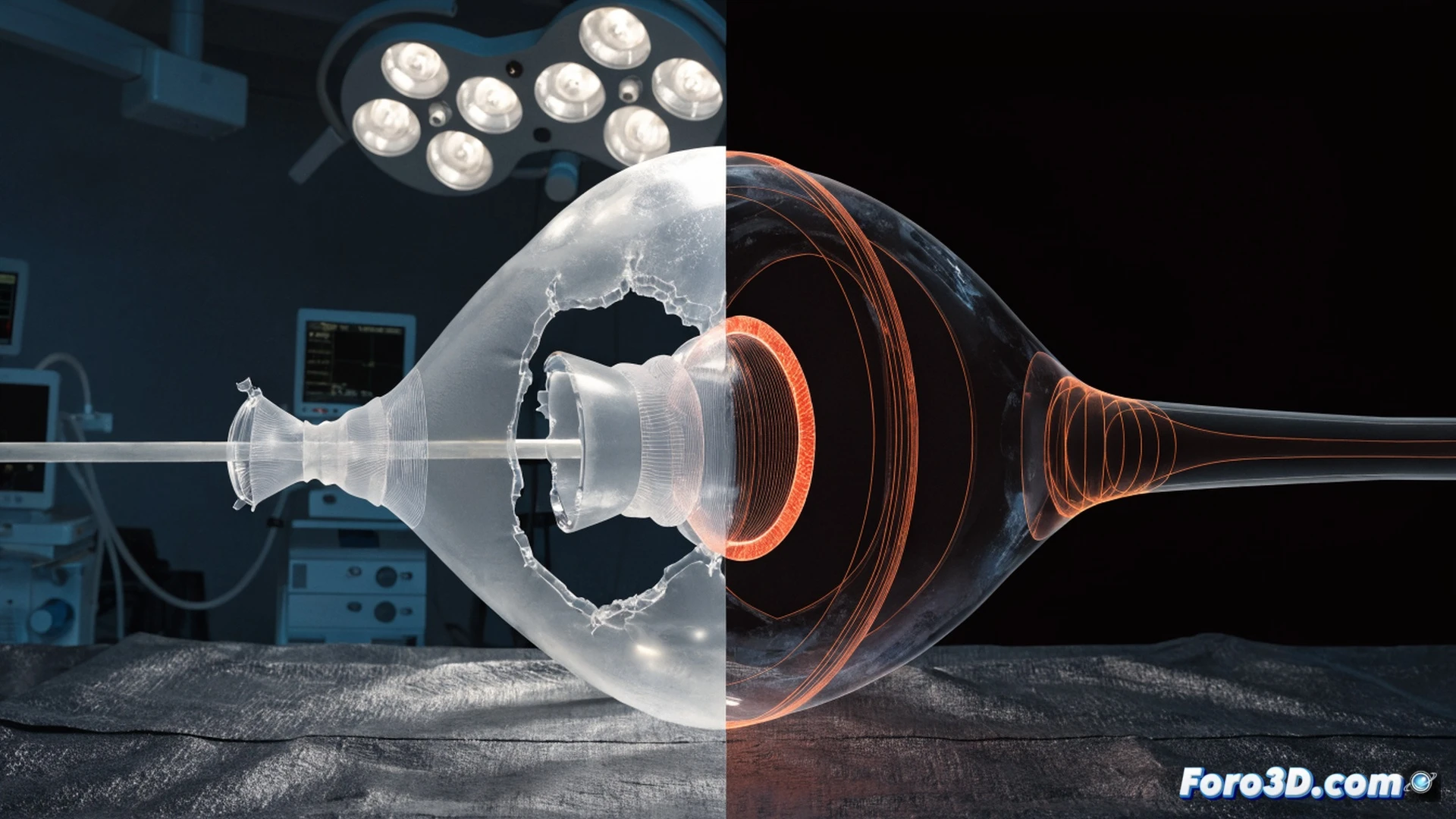 Catheter balloon inflating inside a transparent artery model, balloon wall thickness variation shown as color gradient from red thin to blue thick, VGSTUDIO MAX 3D metrology scan interface visible on monitor, Ansys simulation overlay demonstrating stress concentration at thin wall region during pressurization, balloon beginning to rupture at critical thin spot, technical engineering visualization, realistic polymer texture, surgical lighting, cross-section view revealing uneven wall distribution, photorealistic medical device illustration