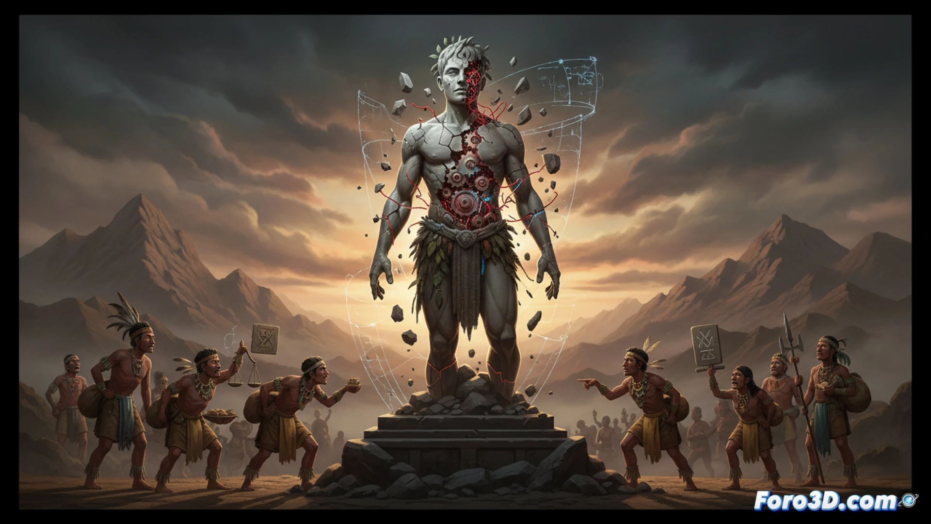 photorealistic technical illustration showing an ancient human settlement scene, tribal members exchanging stone tools and animal hides while one individual secretly hides extra arrowheads in a leather pouch, another gestures with outstretched hand while calculating with fingers, broken clay tablet with tally marks on ground, primitive hut structures in background, cinematic lighting with dramatic shadows, ultra-detailed textures on weathered wood and animal skins, archaeological documentation style, high contrast between cooperative foreground and individualistic gestures, demonstrating self-interest within communal trade, realistic materials and natural earth tones