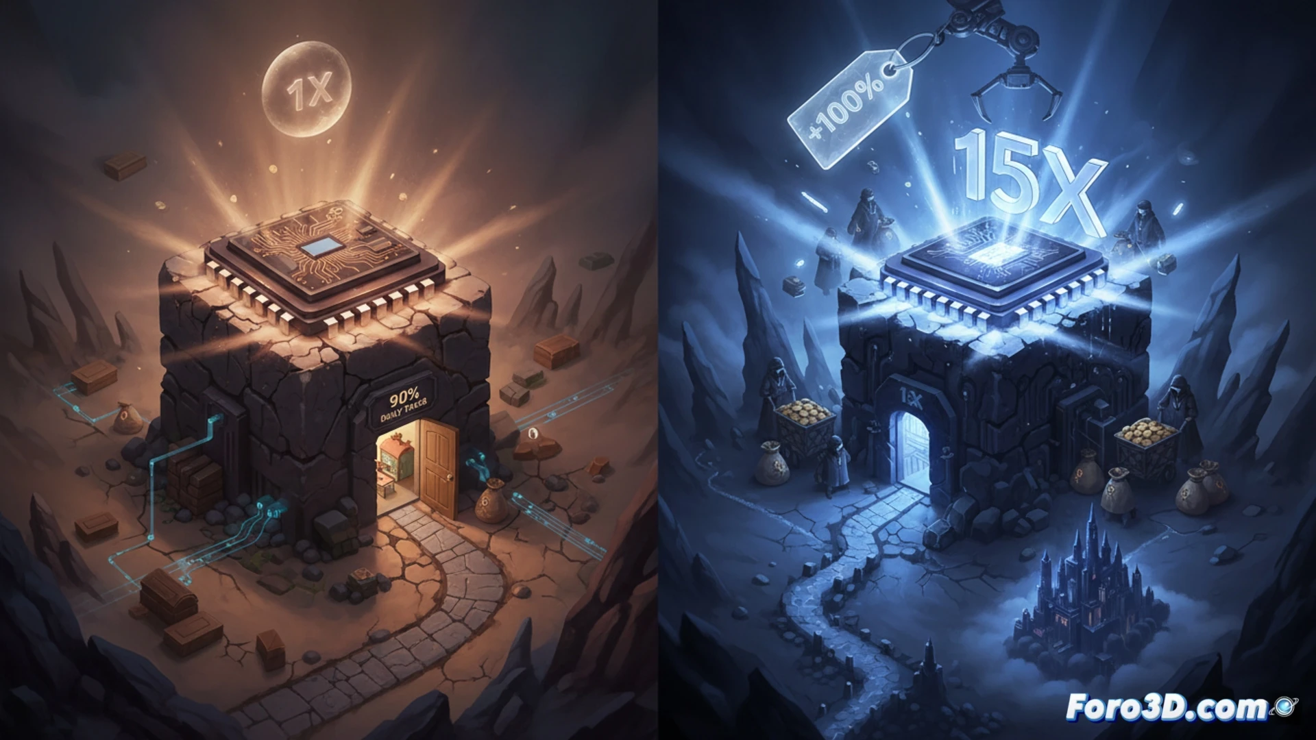 Smartphone processor comparison scene, high-end flagship chip glowing with intense blue light on left, basic processor dim and small on right, both running identical social media app interface on transparent floating screens, app loading instantly on both devices demonstrating equal performance for daily tasks, magnifying glass hovering over price tags showing 1000% difference, technical illustration style, clean white background, isometric view, precise component details, circuit board traces visible, heat sink fins on flagship chip, balanced studio lighting, photorealistic engineering visualization