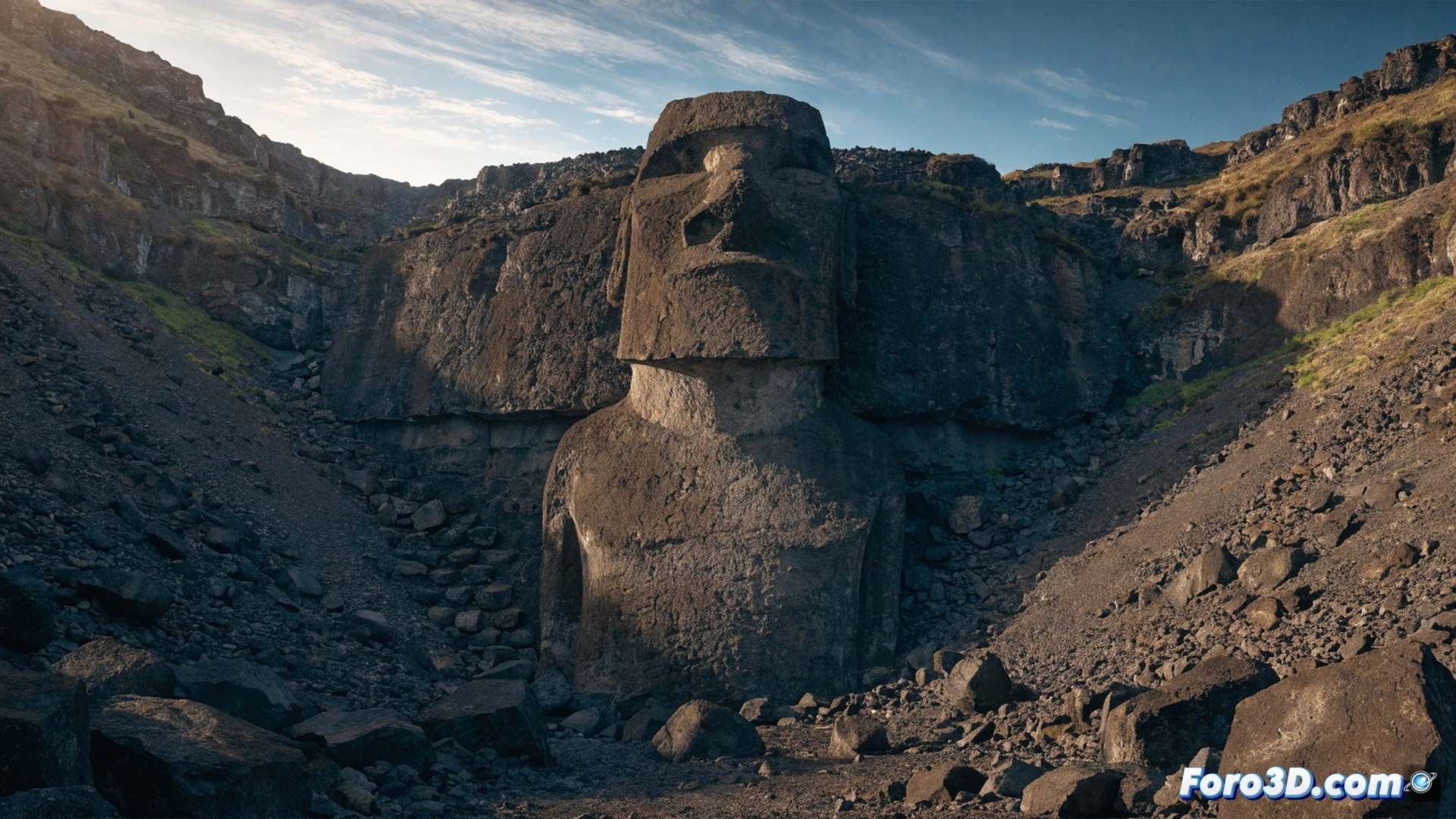 Rano Raraku volcanic quarry slope at golden hour, colossal 21-meter moái still attached to bedrock, ancient stone carving tools scattered on ground showing partial extraction process, weathered volcanic tuff texture with chisel marks, giant figure lying face-up with unfinished facial features, moss growing along carved surfaces, dramatic shadows across the quarry face, cinematic photorealistic archaeological visualization, mist rising from distant crater lake, eroded tool grooves demonstrating slow carving technique, ultra-detailed rock grain and lichen patterns, warm Pacific island lighting, wide-angle perspective emphasizing monumental scale
