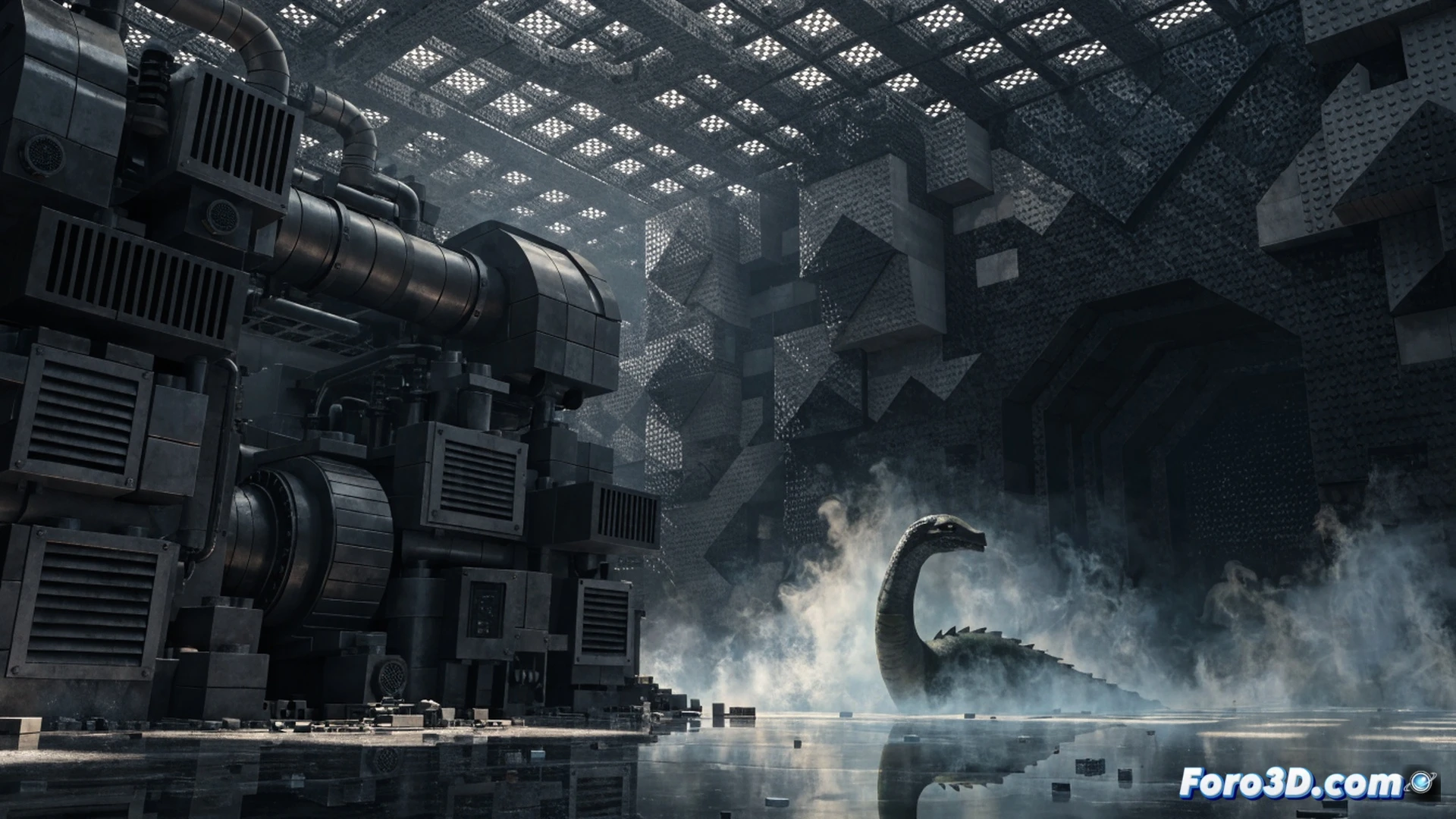 LEGO Batman Batcave diorama en niebla densa, criatura acuática tipo Nessie emergiendo de agua oscura mientras un minifigura de Batman observa desde una plataforma técnica, luces LED azules iluminando el mapa, herramientas de construcción LEGO esparcidas, cables de energía conectados a una consola de control, estilo cinematic photorealistic, niebla atmosférica, reflejos en el agua, detalles de ladrillos plásticos, iluminación dramática desde abajo, render técnico de alta definición, acción de descubrimiento durante exploración sigilosa