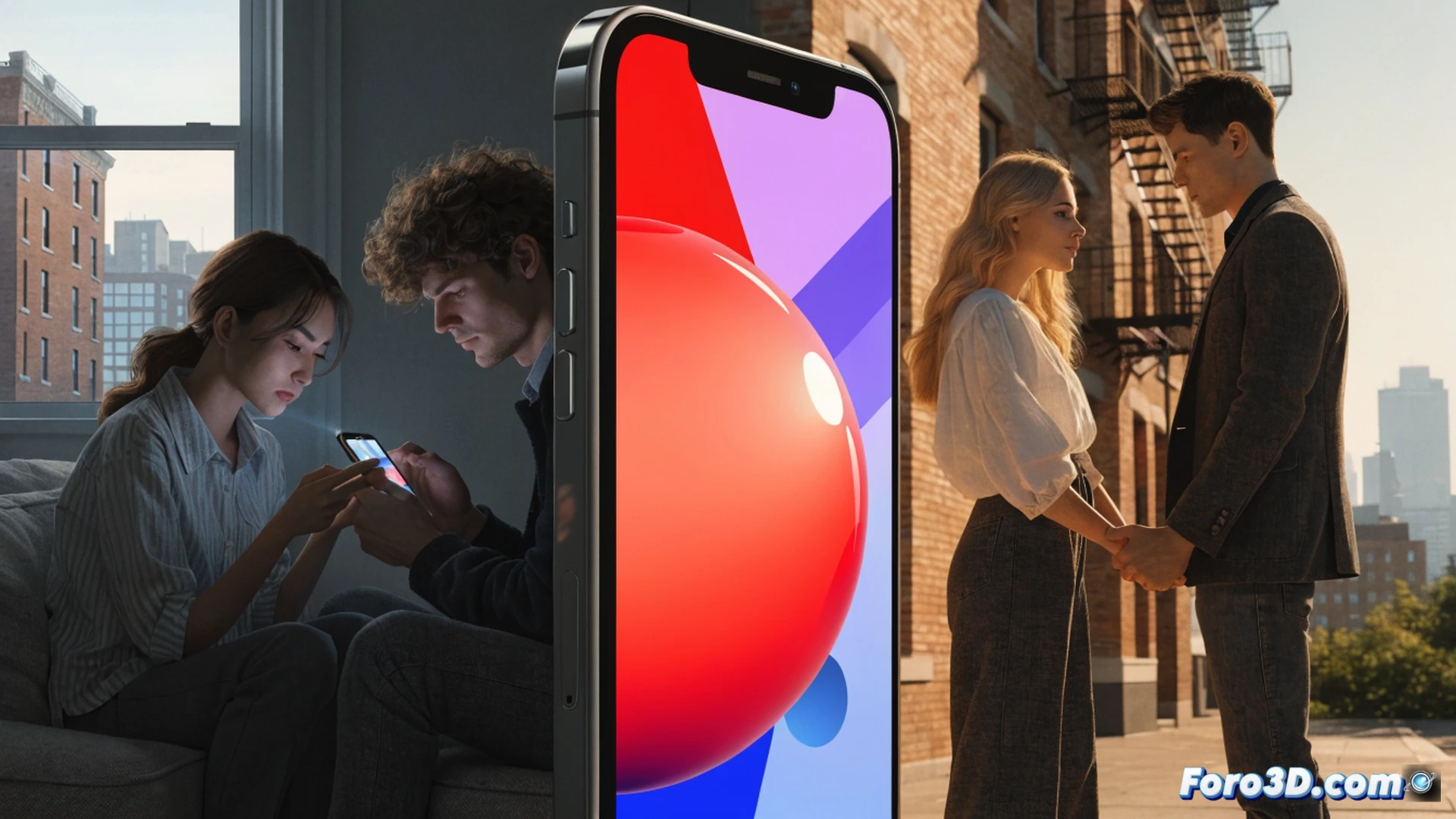 smartphone screen glowing in dim bedroom, young couple sitting apart on bed edges, each absorbed in their own device, no eye contact, empty space between them symbolizing lost connection, small calendar on nightstand with crossed-out dates, phone displaying dating app and pornographic content icon, cold blue light casting shadows, solitary atmosphere, cinematic photorealistic style, ultra-detailed bedroom interior, dramatic contrast between warm ambient and cold screen light, melancholic mood, technical illustration of social isolation, hyperrealistic textures on fabric and skin