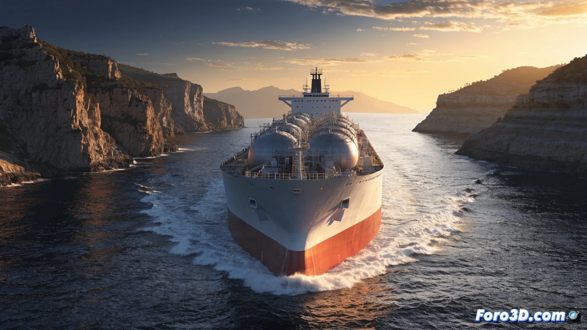 Massive LNG carrier Mraikh navigating narrow Strait of Hormuz at sunset, bow cutting through calm turquoise waters, distant Iranian coastline with radar installations visible, ship's deck showing cryogenic storage tanks and piping systems, gas venting steam from pressure relief valves, maritime traffic separation scheme buoys in foreground, cinematic photorealistic engineering visualization, dramatic golden hour lighting reflecting off metallic hull, ultra-detailed industrial ship architecture, calm geopolitical tension atmosphere, wide-angle lens perspective emphasizing scale