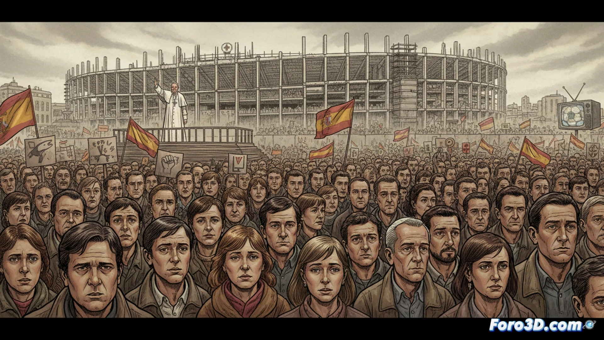 barra de bar vacía con televisor apagado mostrando partido de fútbol borroso, primer plano de smartphone sobre la barra mostrando noticias de protestas de profesores, al fondo ventana con vista borrosa del estadio Mestalla en construcción con grúas y andamios, luz de tarde decayendo, atmósfera nostálgica y distraída, nadie mirando la pantalla, estilo cinematográfico fotorrealista, composición con profundidad de campo, detalles de hormigón y metal en la obra, tonos azules y grises apagados