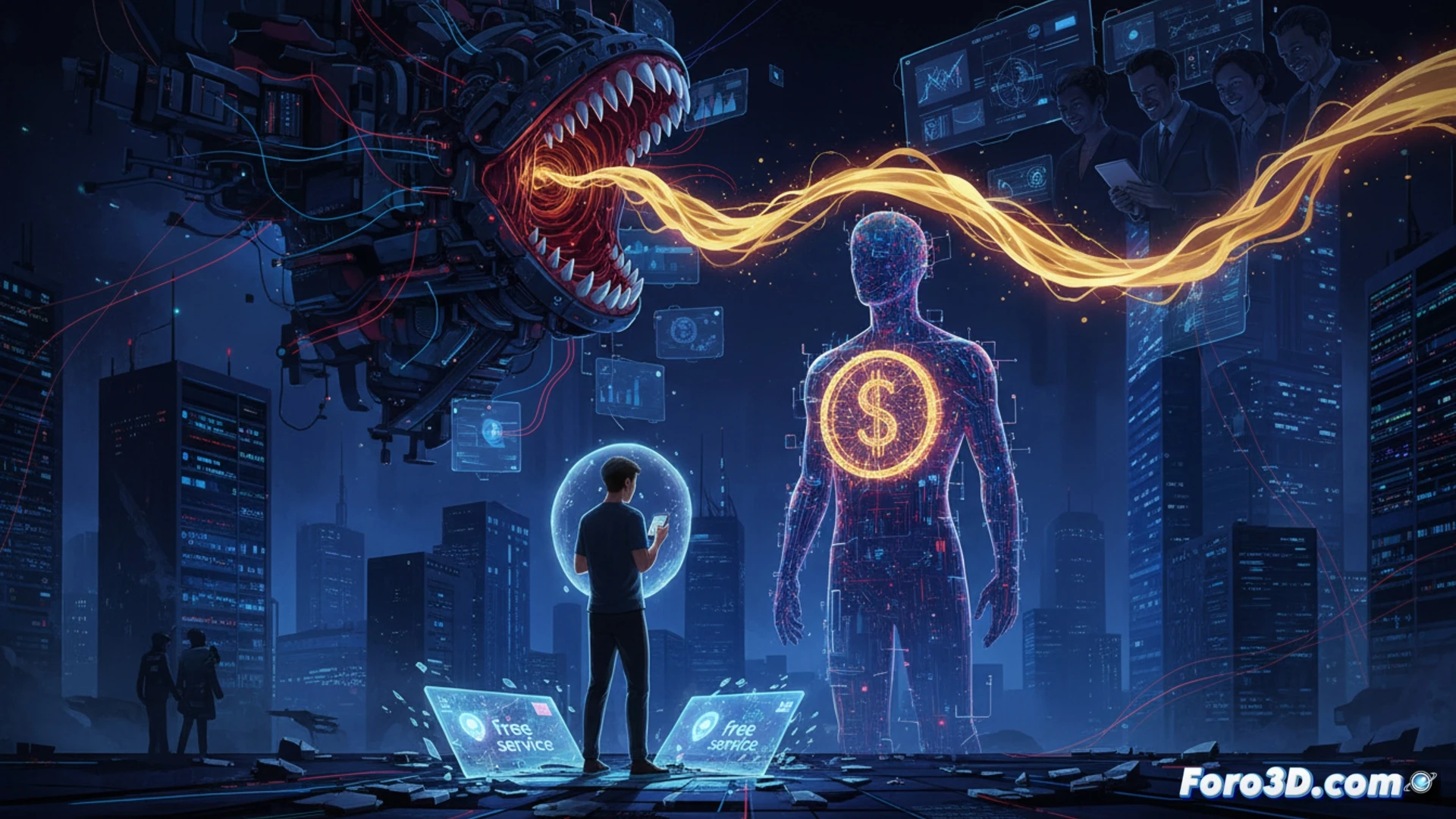 Ilustración digital: mano vacía intercambiando datos brillantes por monedas, sobre fondo oscuro de contratos ilegibles.