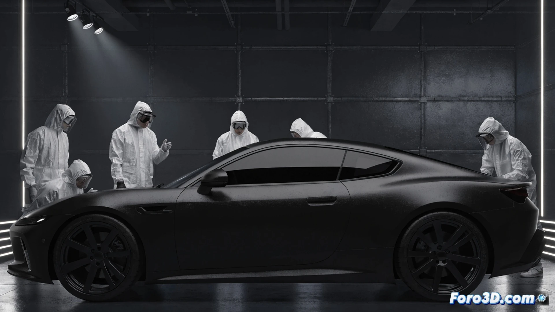 Luxury sports car body being spray-painted with ultra-black Vantablack-like coating in a sterile high-tech laboratory, robotic spray arm applying the paint while a laser beam disappears completely into the painted surface, demonstrating 99.9 percent light absorption, paint particles floating in the air, carbon nanotube structure visible under magnified inset, dramatic contrast between the black void and bright workshop lights, photorealistic cinematic technical visualization, glossy metallic tools nearby, safety hazard warning hologram projected above the car