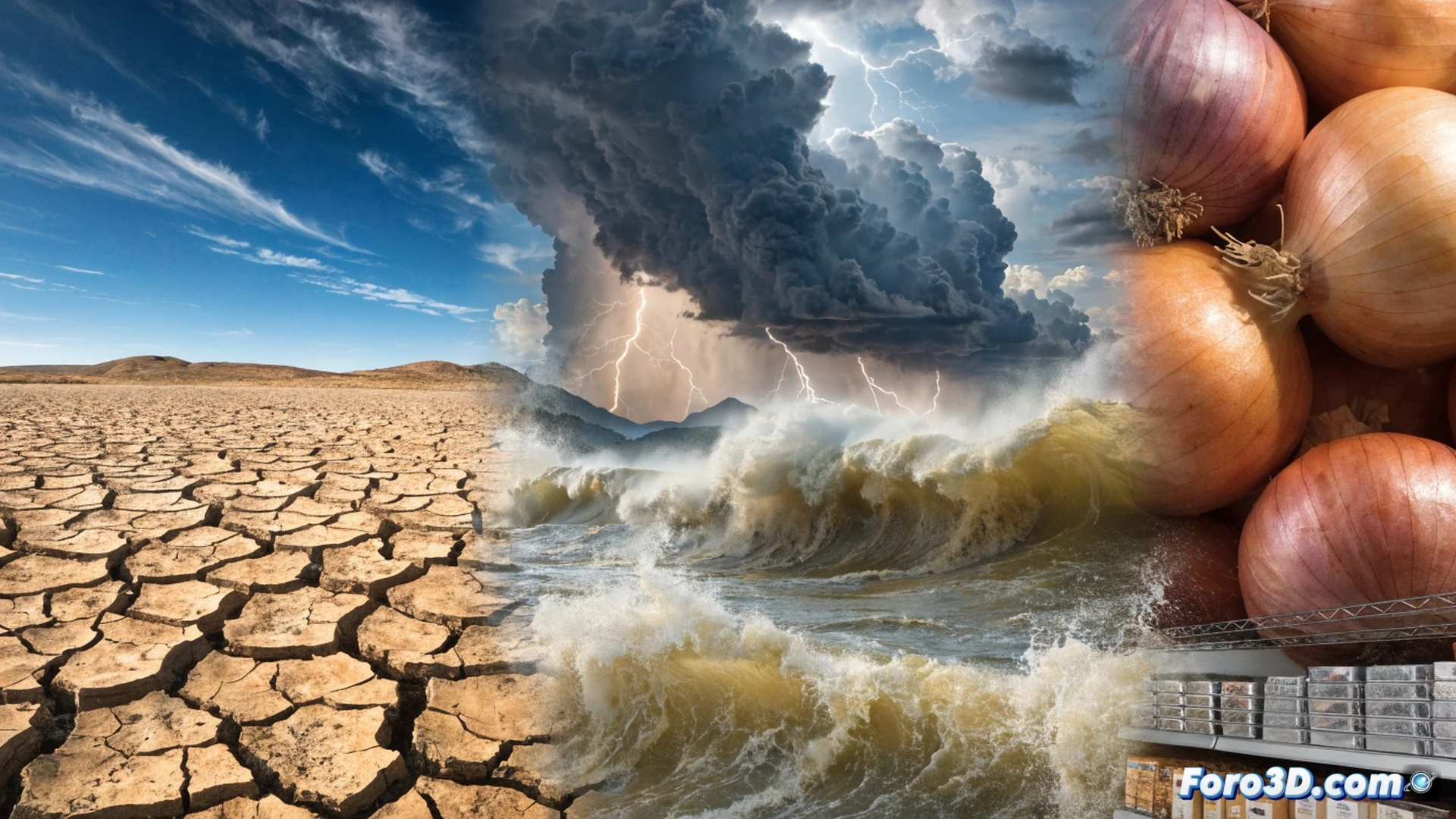 dried cracked earth splitting beneath a farmer s boots next to a flooded field with submerged crops, rainwater pouring over a broken irrigation pipe while a digital weather monitor shows extreme oscillation between drought and flood zones, storm clouds and heat haze in opposite horizons, cinematic photorealistic technical visualization, dramatic atmospheric lighting, cracked mud textures, turbulent floodwater reflections, realistic environmental contrast, ultra-detailed agricultural landscape, wide-angle composition showing simultaneous disaster effects