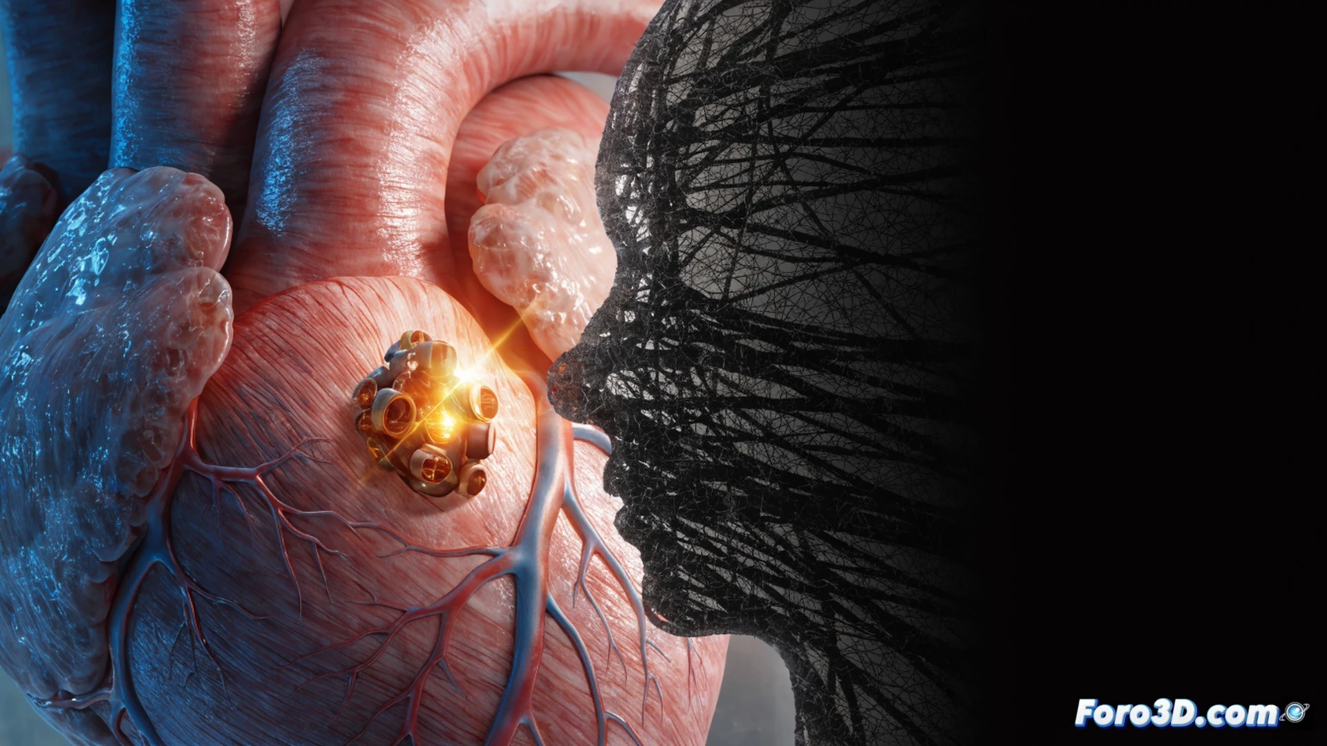 photorealistic medical illustration, a glowing wireless pacemaker being implanted inside a translucent human chest cavity, a surgeon using a fiber-optic light pen to activate the device with a beam of light, no cables visible, robotic surgical arms holding precision tools nearby, the pacemaker emitting a soft blue pulse, while in the background a dim hospital corridor shows a stack of neglected patient files and an empty cardiology consultation room, cinematic lighting, dramatic contrast between the bright surgical field and dark shadows, ultra-detailed tissue textures, metallic components reflecting light, technical medical visualization