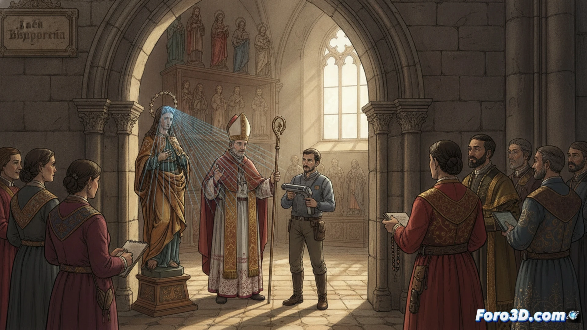 Baroque religious statue of a saint being scanned by a blue-light 3D scanner on a tripod, a priest observes while an artisan holds a digital tablet showing a wireframe model, workshop environment, scanning process in action, technical illustration style, photorealistic render, dramatic side lighting casting shadows, polished wooden floor reflecting equipment, intricate sculptural details of the figure, precise laser grid projected onto the statue surface, modern technology contrasting with antique craftsmanship, cinematic composition