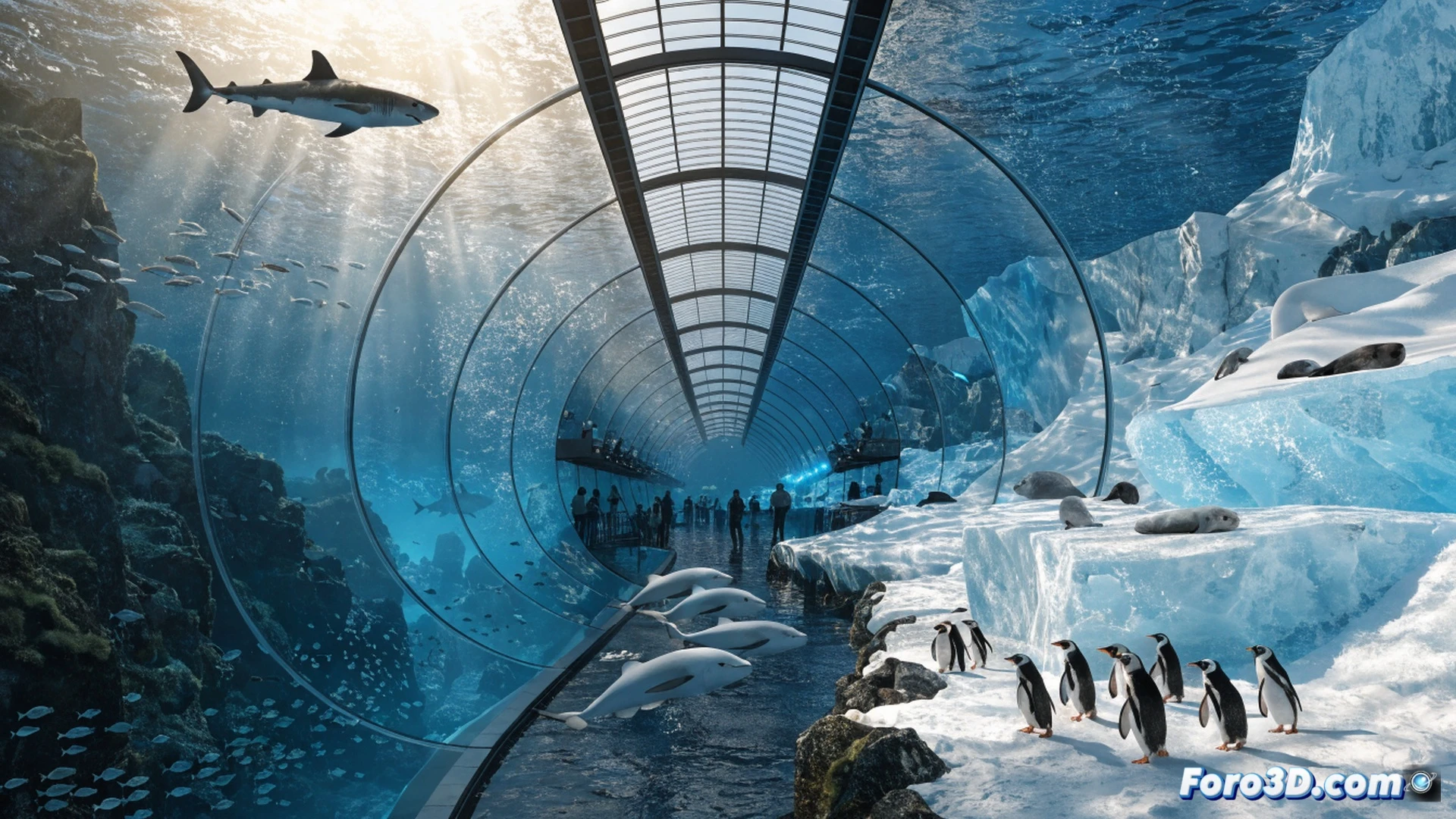 Familia observando un tanque oceánico gigante, un tiburón toro nadando sobre ellos mientras un buzo realiza mantenimiento del filtro de agua, pingüinos en una plataforma de hielo artificial al fondo, sistema de tuberías de acero inoxidable y paneles de control visibles en la sala técnica, luz azul fría del acuario mezclada con focos LED cálidos, niños señalando una beluga blanca, proceso de filtración ecológica mostrado en diagramas luminosos en la pared, estilo cinematográfico fotorrealista, composición amplia con profundidad de campo, texturas de vidrio y agua cristalina, ingeniería acuática detallada