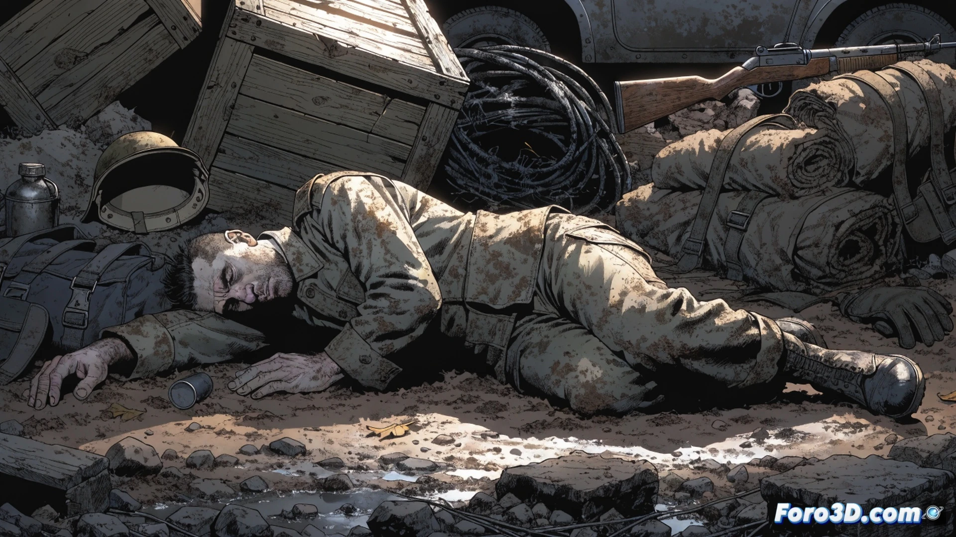 Veteran soldier Sargento Frank Rock kneeling in muddy battlefield trench, gripping M1 Garand rifle while surrounded by faded comic panels and torn pages of DC war comics, ghostly silhouettes of Easy Company soldiers fading into mist, abandoned military helmet and dog tags half-buried in dirt, rusted barbed wire and shell casings scattered around, dramatic cinematic lighting casting long shadows, photorealistic gritty war illustration style, muted olive and brown color palette, smoke haze drifting across scene, emotional sense of abandonment and forgotten heroism, ultra-detailed facial wrinkles and uniform texture