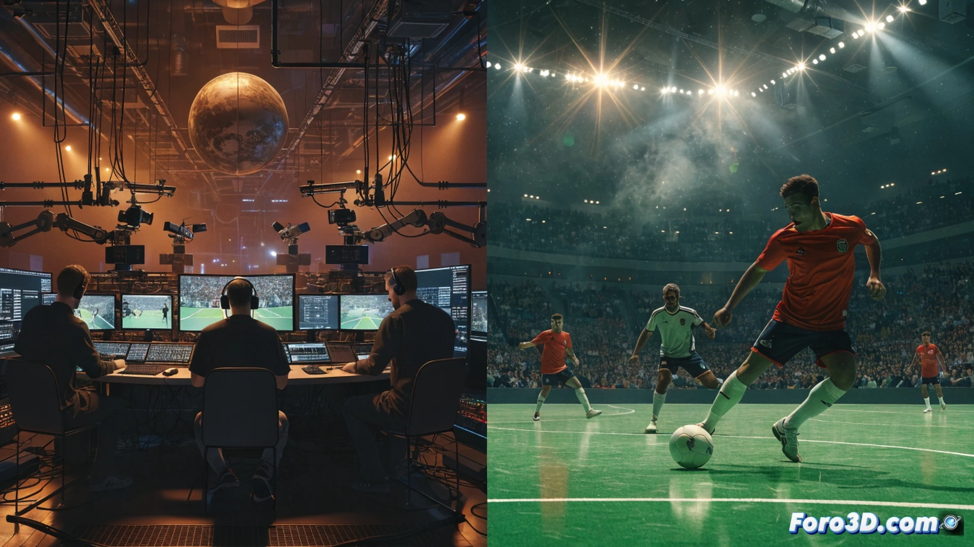 Palma Futsal player executing a powerful kick sending a glowing ball toward a futuristic media radar display, ball trajectory leaving a trail of digital currency symbols morphing into upward graphs, radar screen showing 61 million euro value and 30 billion audience metrics, stadium crowd cheering in background, broadcast cameras and microphones capturing the action, cinematic sports visualization, dramatic floodlight beams cutting through arena haze, metallic floor reflections, photorealistic technical illustration, dynamic motion blur on player jersey, intense high-contrast lighting