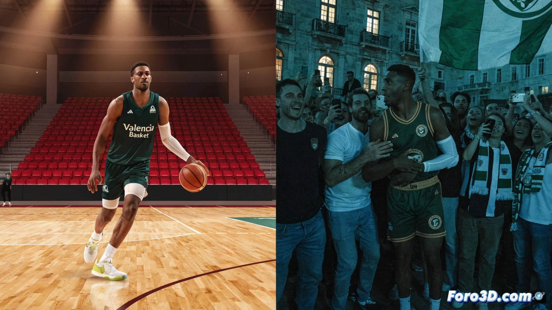 basketball court split in half, left side shows València Basket player with ripped jersey and sweat dripping, right side shows Panathinaikos luxury locker room with gold-plated lockers, oversized check floating mid-court with Greek flag watermark, euro coins cascading like rain onto court floor, player silhouette being pulled across the dividing line by invisible financial force, dramatic spotlight highlighting the torn jersey, photorealistic cinematic render, high contrast chiaroscuro lighting, cracked parquet floor texture, motion blur on falling coins, ultra-detailed fabric tears, symbolic visualization of economic inequality in European basketball