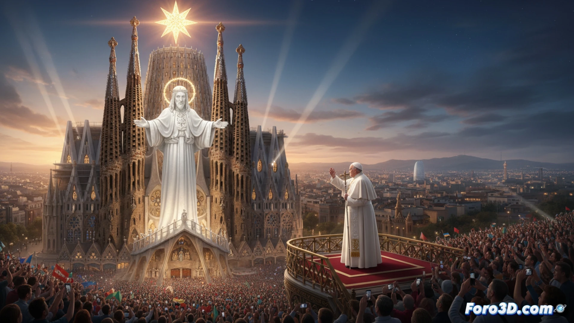 photorealistic cinematic shot of the Sagrada Familia basilica at twilight, the newly completed Tower of Jesus Christ rising 172 meters above Barcelona, a massive crane still positioned near the top removing final scaffolding while workers in harnesses inspect the cross, glowing golden stone details illuminated by warm sunset light, intricate gothic facade textures, surrounding urban buildings in soft focus, technical architectural visualization showing the tower as the world's tallest church, dramatic low-angle perspective emphasizing height, ultra-detailed carved stonework, realistic volumetric lighting, construction dust particles floating in air, photorealistic engineering render
