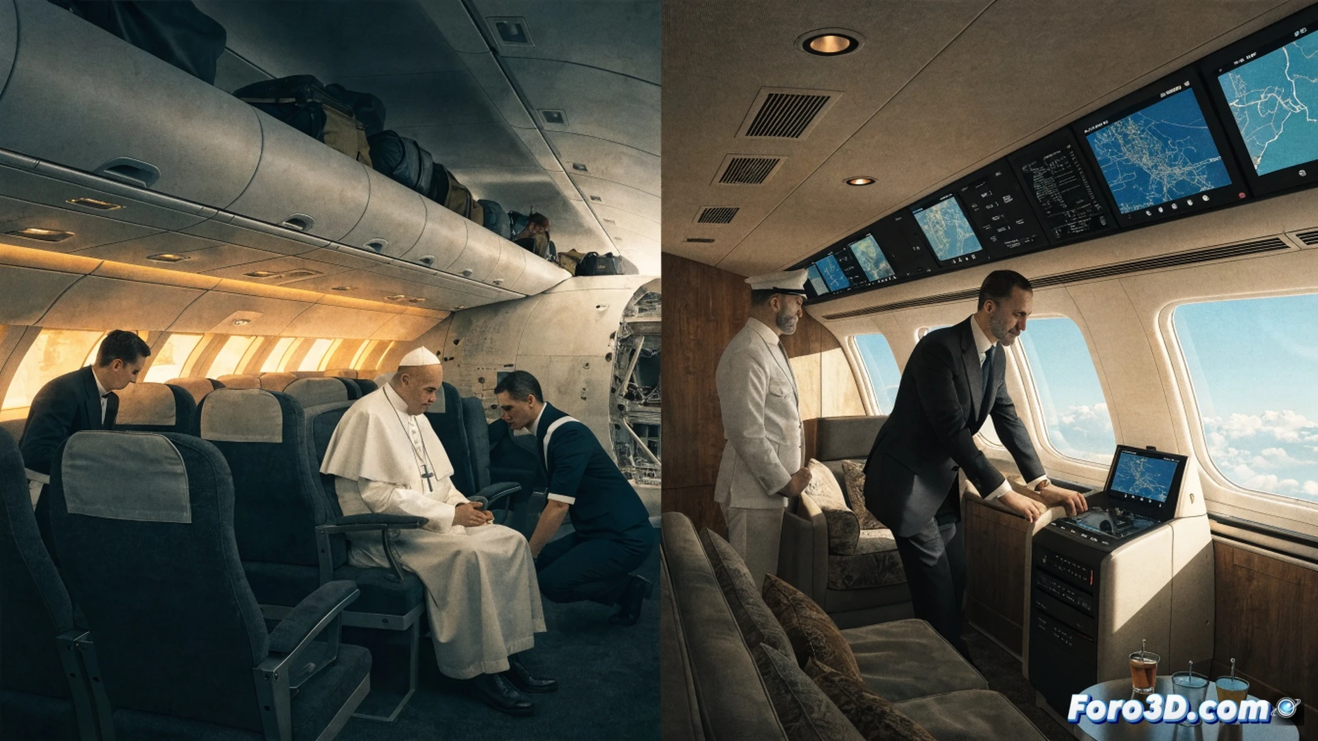 Catholic Pope in white cassock standing on airport tarmac beside grounded white jet with open engine cowling, two mechanics inspecting turbine blades with flashlights, King Felipe VI gesturing toward a sleek private jet in background, ground crew waving orange wands, dramatic sunset sky, photorealistic cinematic style, ultra-detailed metallic aircraft surfaces, reflections on polished fuselage, tension and relief visible in body language, aviation maintenance equipment scattered around, realistic airport lighting
