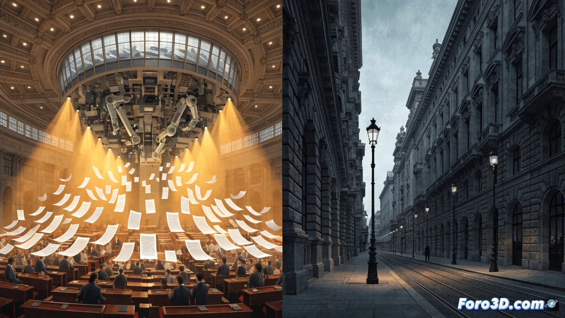 Fotografía de un hemiciclo parlamentario vacío durante una sesión legislativa nocturna, con luces de escritorios encendidas y documentos esparcidos sobre las bancadas, mientras una única silla ministerial está inclinada hacia atrás como si hubiera sido abandonada apresuradamente. En primer plano, un teléfono móvil sobre un atril muestra una notificación de encuesta ciudadana ignorada, con la pantalla en blanco. Al fondo, grandes ventanales dejan ver una calle desierta bajo farolas apagadas, sin manifestantes ni viandantes, generando un contraste entre la actividad vacía del interior y el silencio exterior. Estilo cinematográfico con iluminación tenue, sombras alargadas, tonos azulados y grises, atmósfera de soledad institucional, composición simétrica, render fotorrealista, texturas de madera pulida y cuero desgastado.