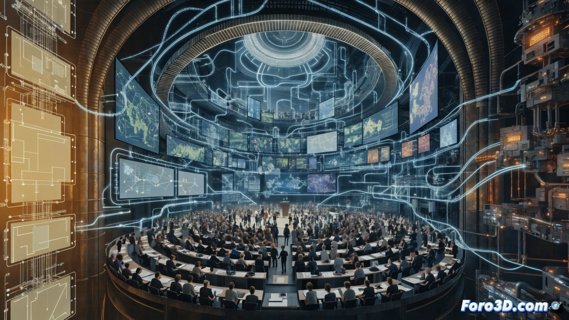 Andalusian parliament chamber in session, legislators raising hands to vote while digital legislative documents scroll rapidly on holographic screens, a legislative calendar showing accelerated deadlines glowing in blue light, parliamentary staff moving papers between desks during a continuous workflow, cinematic technical visualization, polished wood and brass interior, dramatic overhead lighting from crystal chandeliers, photorealistic architectural render, motion blur on moving papers and digital timers, procedural action captured mid-vote