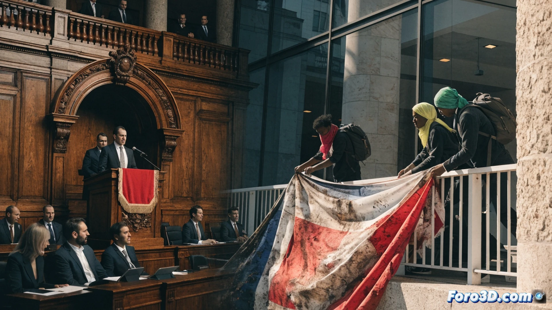fragmentos de una bandera rojigualda carbonizada cayendo sobre un suelo de mármol del hemiciclo, un ciudadano con expresión desafiante sosteniendo un mechero encendido junto a la tela humeante, mientras un grupo de personas a su alrededor muestra gestos de repulsión y asco, bancos de madera vacíos al fondo, focos de luz fluorescente iluminando el acto, estilo cinematográfico fotorrealista, textura de ceniza y tela chamuscada, profundidad de campo reducida, sombras dramáticas, encuadre de plano medio bajo, tensión política palpable, escena de protesta callejera con elementos institucionales