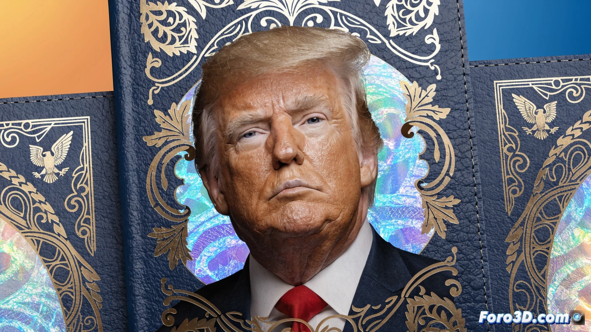 A US passport production facility, a passport booklet open on a technical inspection table, showing a detailed engraved portrait of Donald Trump inside the document, a government worker wearing gloves holding a magnifying glass over the holographic security seal, while a digital screen displays the official seal of Washington D.C. passport agency, cinematic photorealistic visualization, dramatic overhead lighting casting sharp shadows, ultra-detailed paper texture and metallic ink reflections, forensic examination mood, technical illustration style.