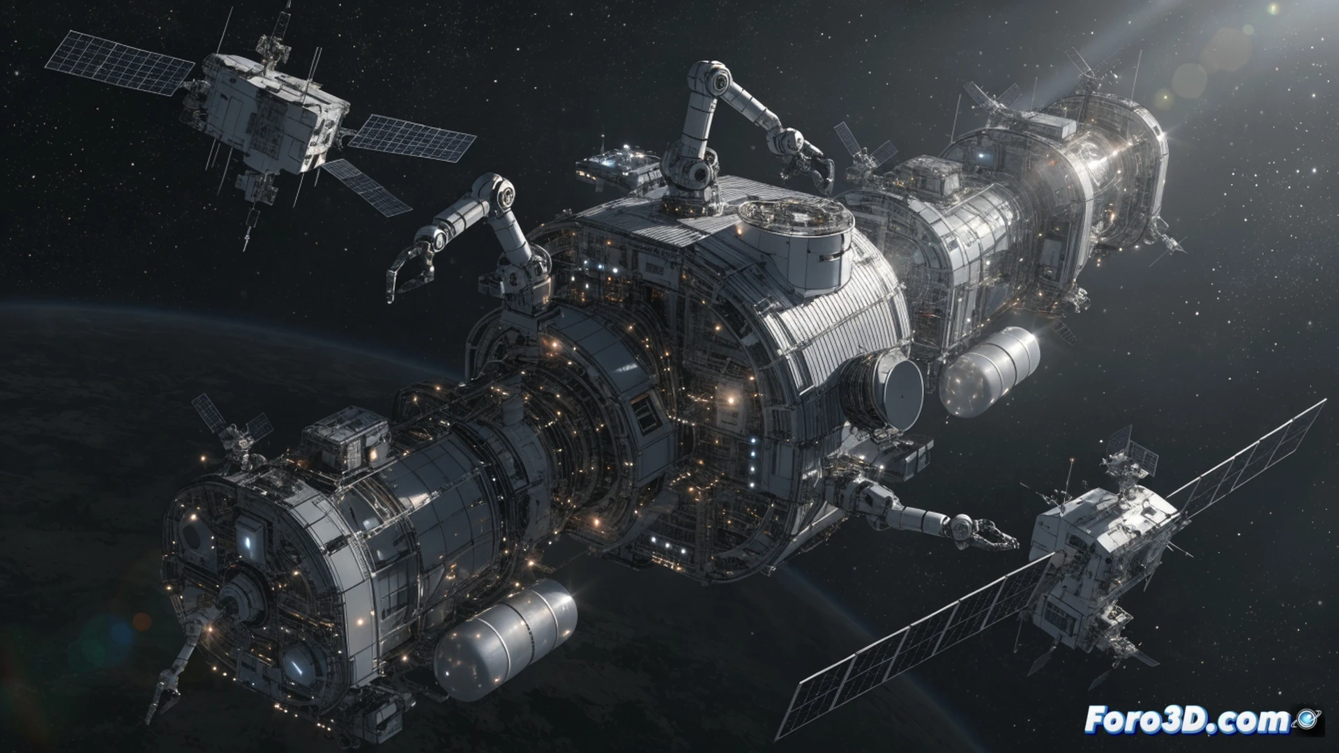 photorealistic orbital repair scene, military satellite with open service panels in low Earth orbit, robotic arm extending from a compact space workshop module, maneuvering thruster firing while refueling probe connects to satellite fuel port, technician interface screen showing diagnostic data on robotic arm, debris fragments drifting in background, Earth curvature visible through reinforced window, cinematic lighting with harsh sunlight and deep shadows, ultra-detailed metallic surfaces, blue plasma glow from thrusters, Starfish Space tug docked nearby, engineering visualization style