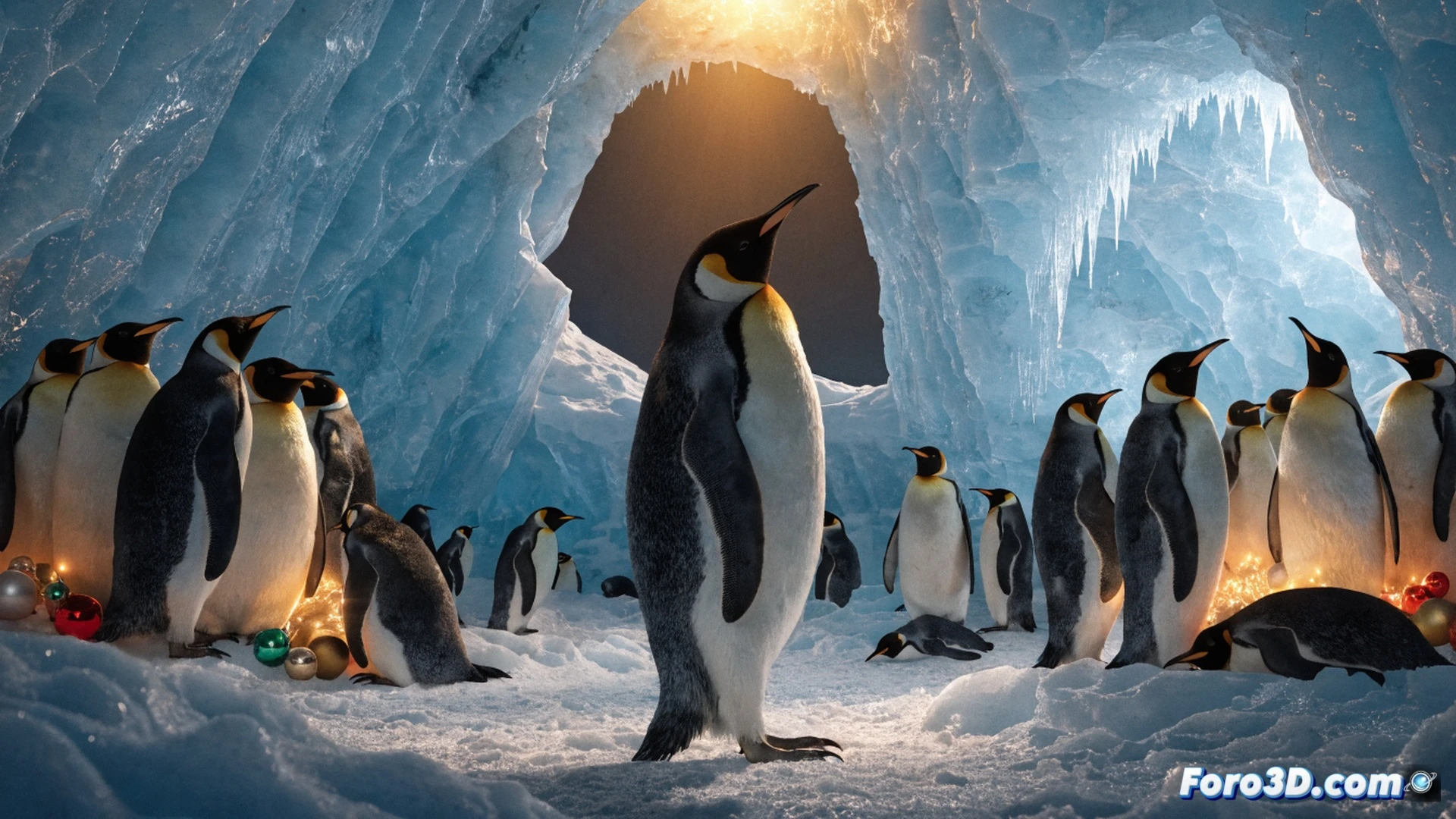 Antarctic penguin standing on icy ground, using a small wooden sled with a miniature sleigh bell and a compass, examining a glowing red-and-green wrapped gift box, while a colony of other penguins gathers in a circle behind him, snowflakes falling softly, warm lantern light illuminating the scene, cinematic animation style, festive winter atmosphere, soft focus on background icebergs, detailed feather textures, reflective ice surface, photorealistic 3D render, emotional storytelling moment showing discovery and community