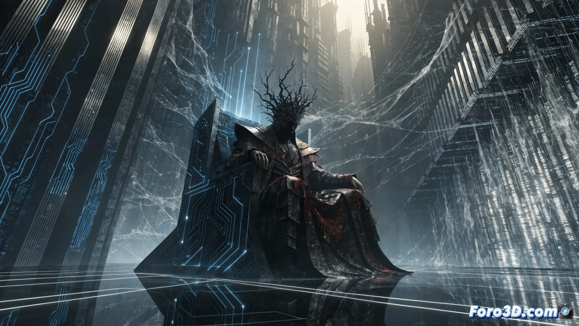 Cinematic night scene showing a developer workstation with dual monitors, one screen displaying clean front-end interface while the other reveals dense backend code executing automated processes, a translucent shadowy figure resembling a digital king demon emerging from server racks, hands manipulating glowing data streams that flow invisibly into the user interface, server LEDs blinking in darkness, cables fading into shadows, photorealistic technical illustration, dramatic low-key lighting with blue and amber highlights, ultra-detailed circuit patterns on the demon figure, motion blur on data streams, realistic engineering visualization