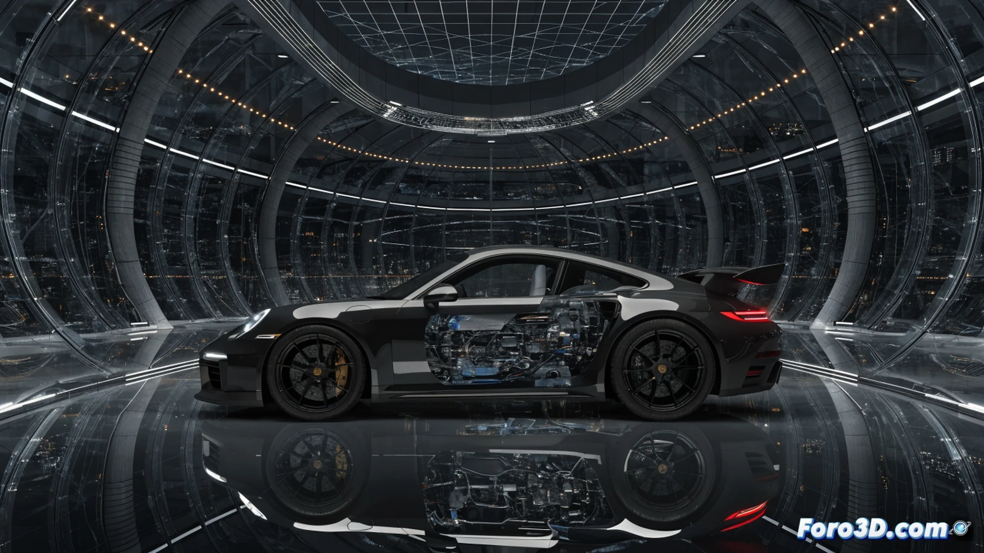 Porsche 911 Turbo S híbrido acelerando en zona urbana de bajas emisiones, mostrando el proceso de regeneración de frenos con flujos de energía azul fluyendo hacia la batería bajo el capó trasero, mientras el motor eléctrico complementa al bóxer biturbo con 711 CV, neumáticos traseros humeando en asfalto mojado, suspensión activa comprimiéndose durante la curva, sistema de escape con válvulas parcialmente abiertas, luces LED matriciales iluminando señales de zona ECO, estilo cinematográfico hiperrealista, ingeniería alemana detallada, reflejos metálicos en carbono y titanio, fondo urbano nocturno desenfocado con edificios modernos.