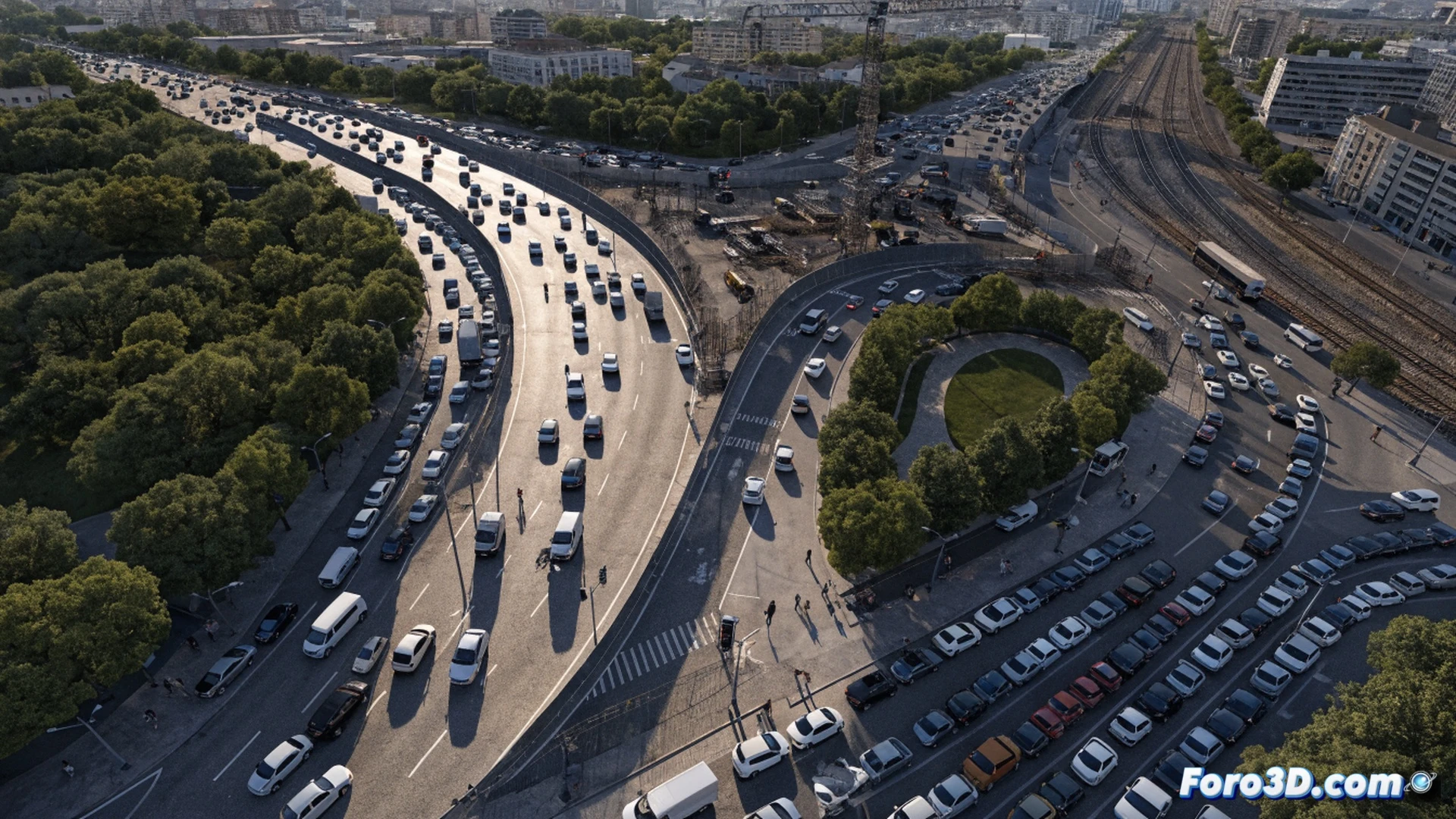 urban traffic disruption scene, construction site at a main city intersection, large orange excavator digging a trench for pipe installation, yellow traffic barriers and detour signs redirecting cars and buses, long queue of vehicles waiting, a bus changing route turning away from blocked street, pedestrians watching from sidewalk, overhead view showing complex traffic flow with arrows indicating detour paths, photorealistic technical illustration, bright summer daylight, dust particles in air, realistic vehicle models, cinematic wide-angle composition, engineering visualization style