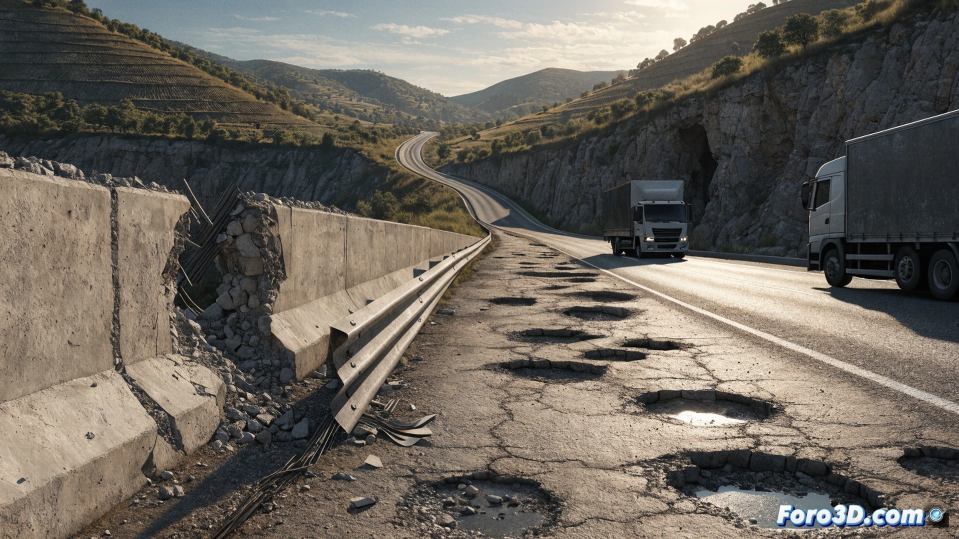 Tramo de carretera N-430 con asfalto agrietado y hundido, un camión de transporte inclinado evitando un bache profundo, un coche frenando bruscamente detrás, conos de seguridad caídos y señales de obras obsoletas al borde, neumáticos levantando polvo y gravilla suelta, mientras un ingeniero con chaleco reflectante y tableta inspecciona el firme deteriorado, al fondo horizonte de La Mancha con molinos de viento borrosos, estilo cinematográfico realista, luz dura de mediodía, texturas rugosas de asfalto roto, sensación de peligro inminente, ultra detallado