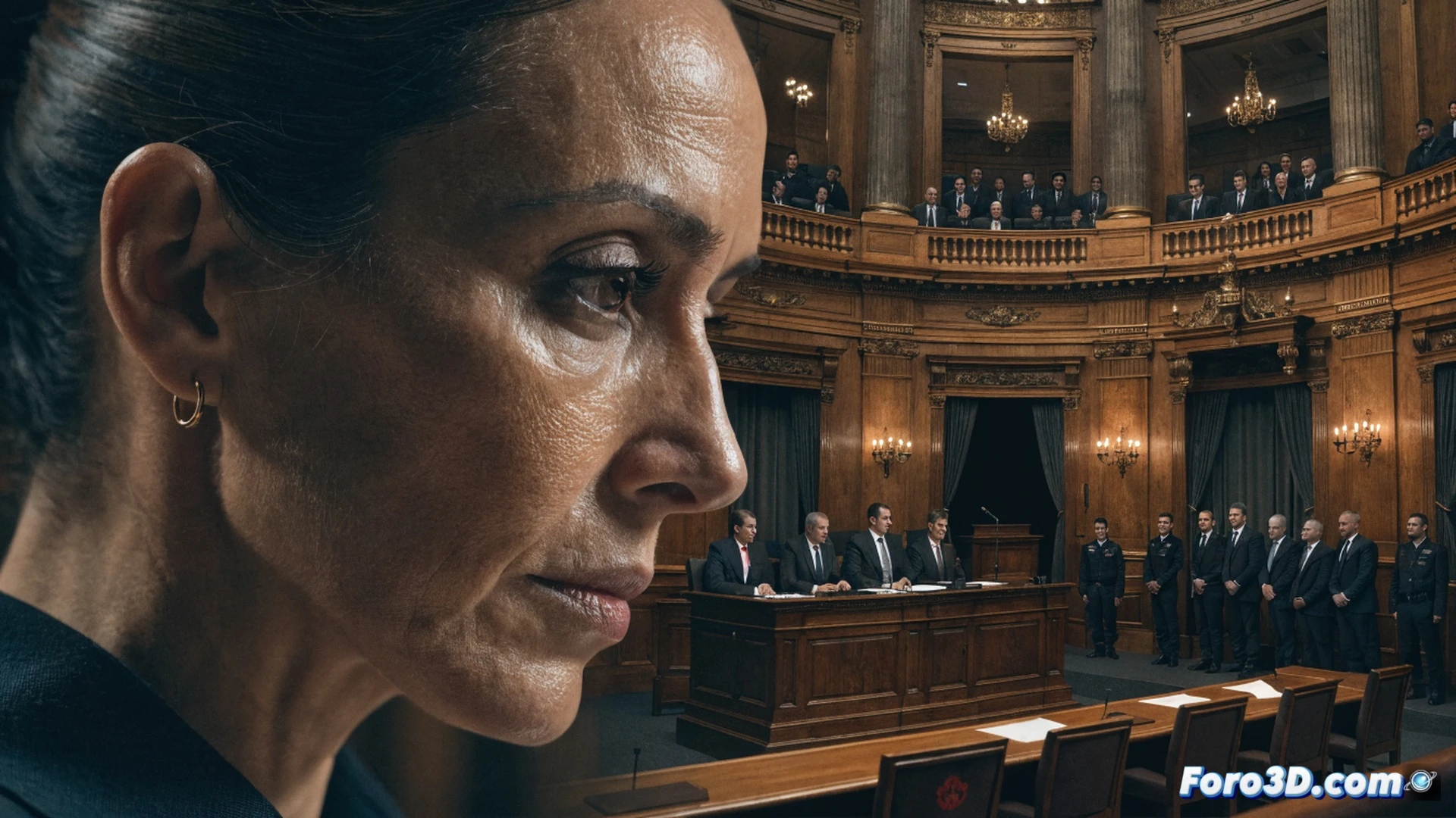 Senate chamber interior, two figures standing at a podium with microphones, one woman in a Guardia Civil uniform holding a document, a man in a suit pointing at her while papers scatter across the polished wooden desk, security officers watching from the background, tension visible in their posture, photorealistic cinematic style, dramatic overhead lighting casting long shadows, brass nameplates and voting buttons on desks, marble columns framing the scene, ultra-detailed textures on fabrics and wood grain, realistic political confrontation atmosphere, technical illustration of institutional power dynamics