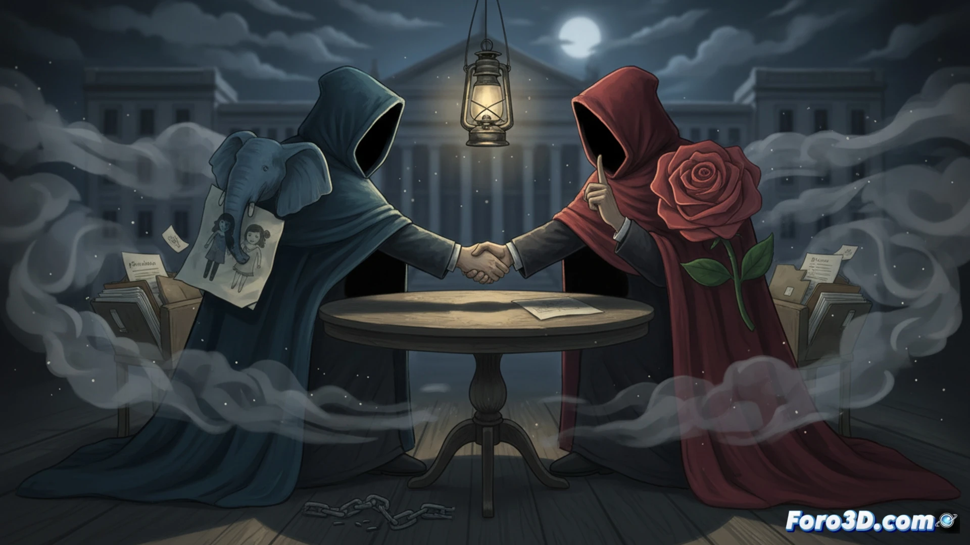 dark parliamentary hearing room, empty witness chair with a blank nameplate on polished wooden desk, two empty chairs behind a soundproof glass partition labelled for private testimonies, a gavel resting unused on the podium, a stack of sealed legal folders marked with red confidential stamps, thick silence, shadows stretching across the floor from a single overhead lamp, cinematic photorealistic style, cold institutional lighting, dust particles floating in the air, political tension atmosphere, hyper-detailed textures of wood and leather and paper, wide-angle composition showing the empty space as evidence of a missing confrontation