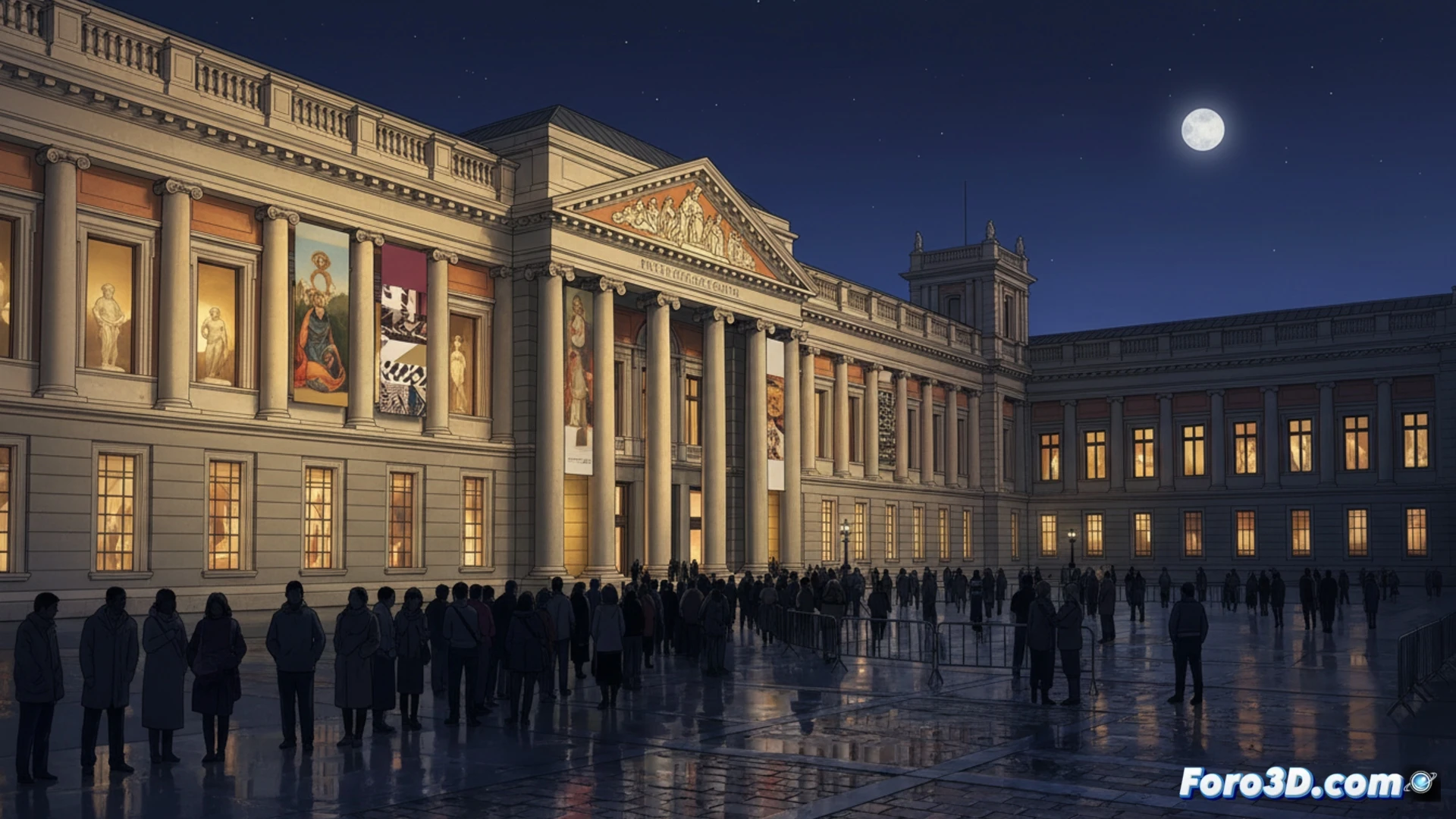 Museo del Prado fachada iluminada de noche, puertas abiertas mostrando luz dorada hacia el exterior, visitantes entrando en fila controlada mientras un guardia con contador manual registra aforo limitado, cartel de entrada gratuita en atril metálico, reloj marcando 20:30, farolas históricas encendidas, sombras largas en adoquines, estilo cinematográfico nocturno, fotorealismo arquitectónico, ambiente cultural elegante, iluminación cálida contrastando con cielo oscuro, detalles de piedra y hierro forjado, profundidad de campo suave