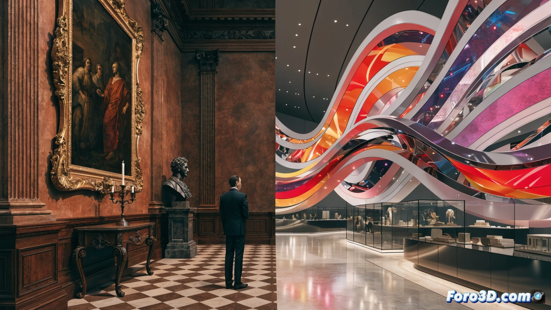museum gallery scene showing a large ornate painting being carefully removed from a wall by two conservators wearing white gloves, a digital tablet displaying museum asset management software on a pedestal nearby, wirelessly connecting to a cloud database icon hovering in the air, historical artworks in gilded frames visible in the background, soft directional gallery lighting, photorealistic technical illustration, clean architectural lines, subtle motion blur on the moving painting, ultra-detailed canvas texture and frame carving