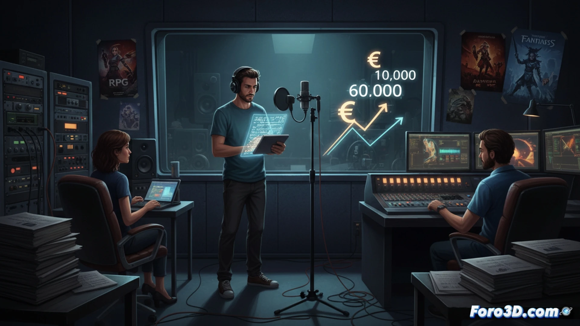 Estudio de grabación de videojuegos, actores de doblaje frente a micrófonos de condensador profesionales, pantallas mostrando líneas de diálogo y software de edición de audio, ingeniero de sonido ajustando mezclas en una consola digital, cronómetro contando horas de sesión, gráficos de costes proyectados en una tableta, ambiente oscuro con luces RGB azules y rojas, cabinas insonorizadas con paneles acústicos, fotorealismo cinematográfico, iluminación dramática de estudio, texturas de espuma acústica y cables de XLR visibles, sensación de producción profesional de alta gama