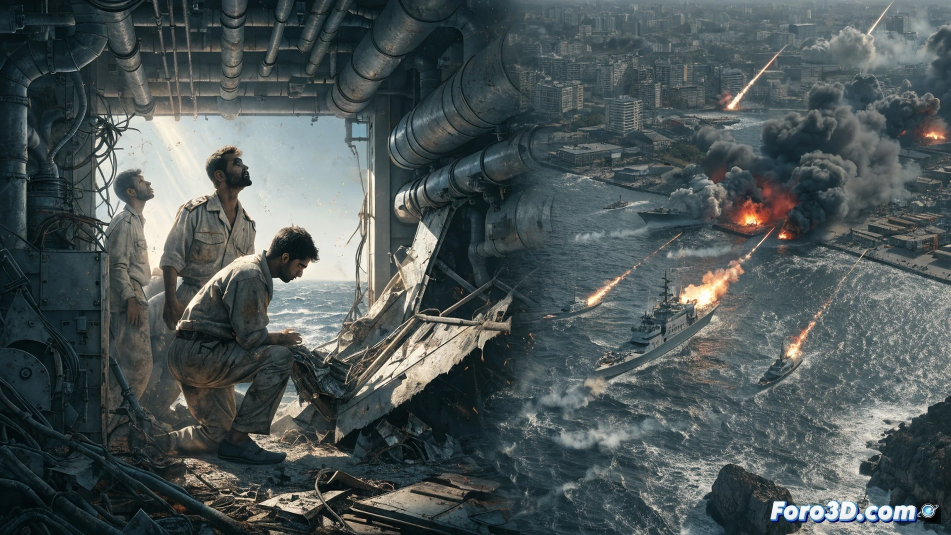 commercial cargo ship bridge interior during missile impact, Indian sailors thrown from control panels while monitoring radar screens, shattered glass and sparks from short-circuiting electrical consoles, emergency alarms flashing red, maritime communication equipment dangling from broken mounts, photorealistic cinematic visualization, wide-angle lens capturing chaos and destruction, smoke and debris particles suspended in air, dramatic overhead emergency lighting casting harsh shadows, ultra-detailed mechanical and electronic components, realistic industrial disaster scene