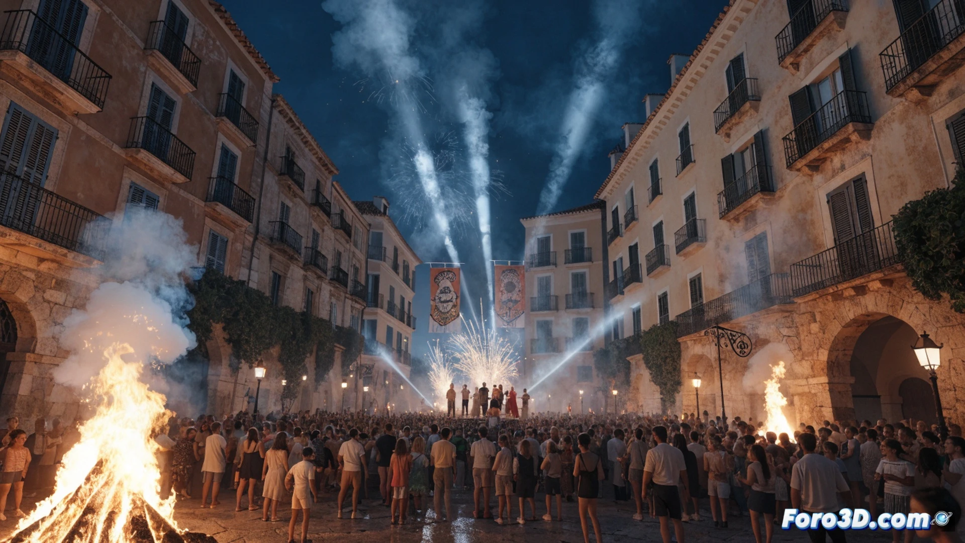 multitude of hands holding sparklers and red carnations in a crowded Spanish plaza at dusk, elderly man on stone balcony raising a megaphone with passion, medieval church tower illuminated by golden sunset, smoke from firecrackers rising into warm air, cobblestone street filled with neighbors embracing and cheering, cinematic photorealistic style, dramatic low-angle shot, warm amber and deep blue color contrast, festive bunting hanging between buildings, children sitting on parents shoulders, technical scene composition with crowd depth and architectural symmetry