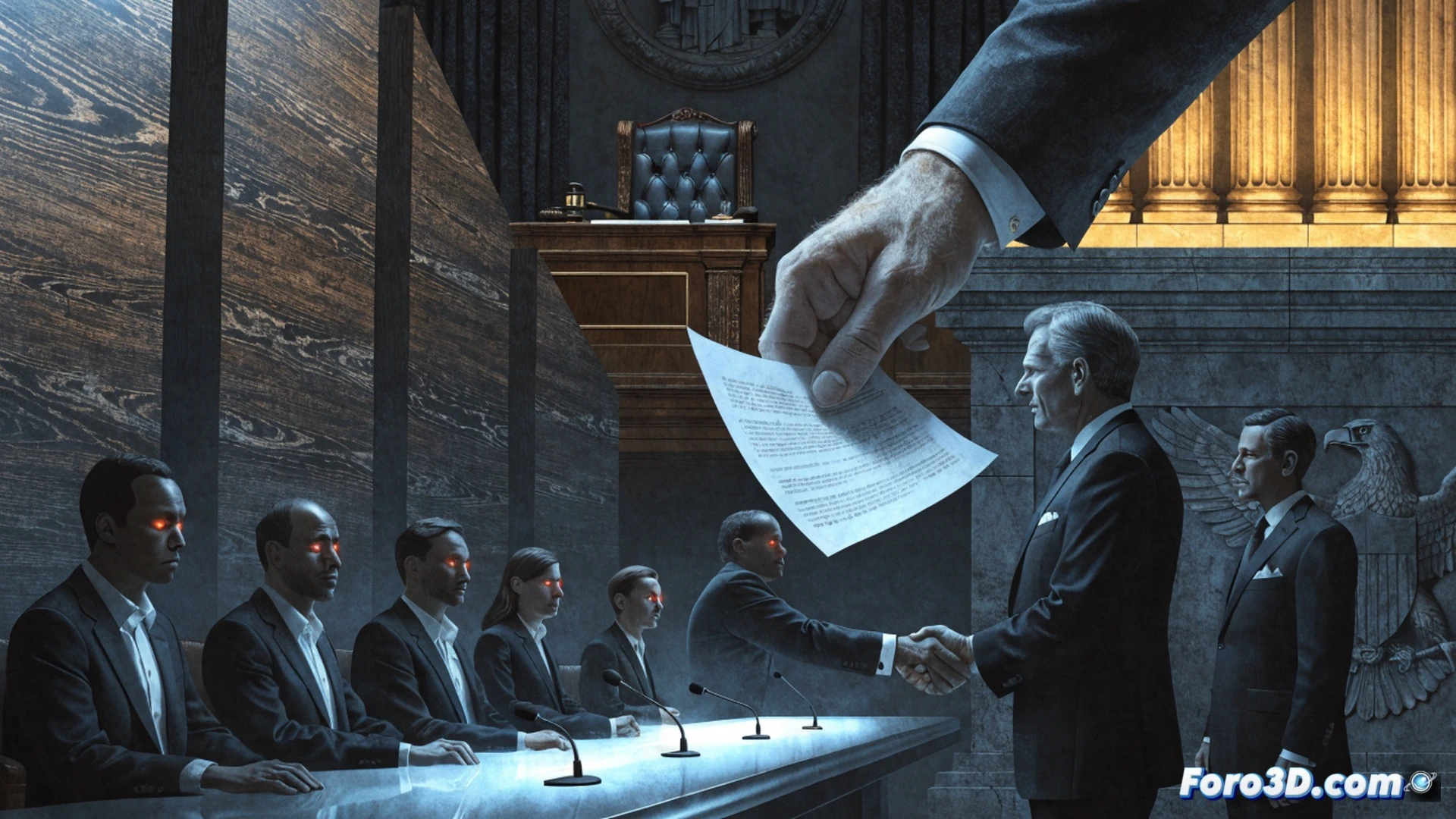 photorealistic technical illustration of a marble statue of Lady Justice being disassembled by a giant presidential hand, the blindfold removed and the scales of justice falling apart, a broken FTC seal on the floor, a smartphone with a price-gouging app glowing on a desk nearby, cinematic lighting, dark government office, dust particles in the air, dramatic shadows, ultra-detailed textures, engineering visualization style