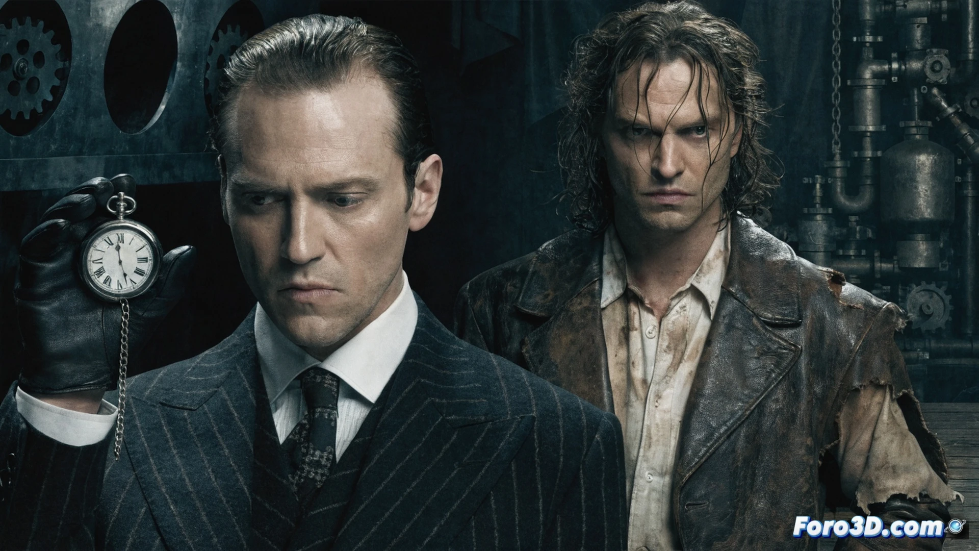 two stage magicians facing each other on a dimly lit Victorian stage, one performing a water tank escape trick while the other observes from the wings, brass mechanical apparatus with gears and pulleys visible on stage floor, theatrical spotlight cutting through haze, smoke machine creating atmospheric fog, vintage wooden props and rope coils, cinematic noir lighting with deep shadows, photorealistic historical recreation, action captured mid-performance during the critical moment of submersion, dramatic contrast between velvet curtains and metallic stage equipment, technical illustration style emphasizing period engineering details