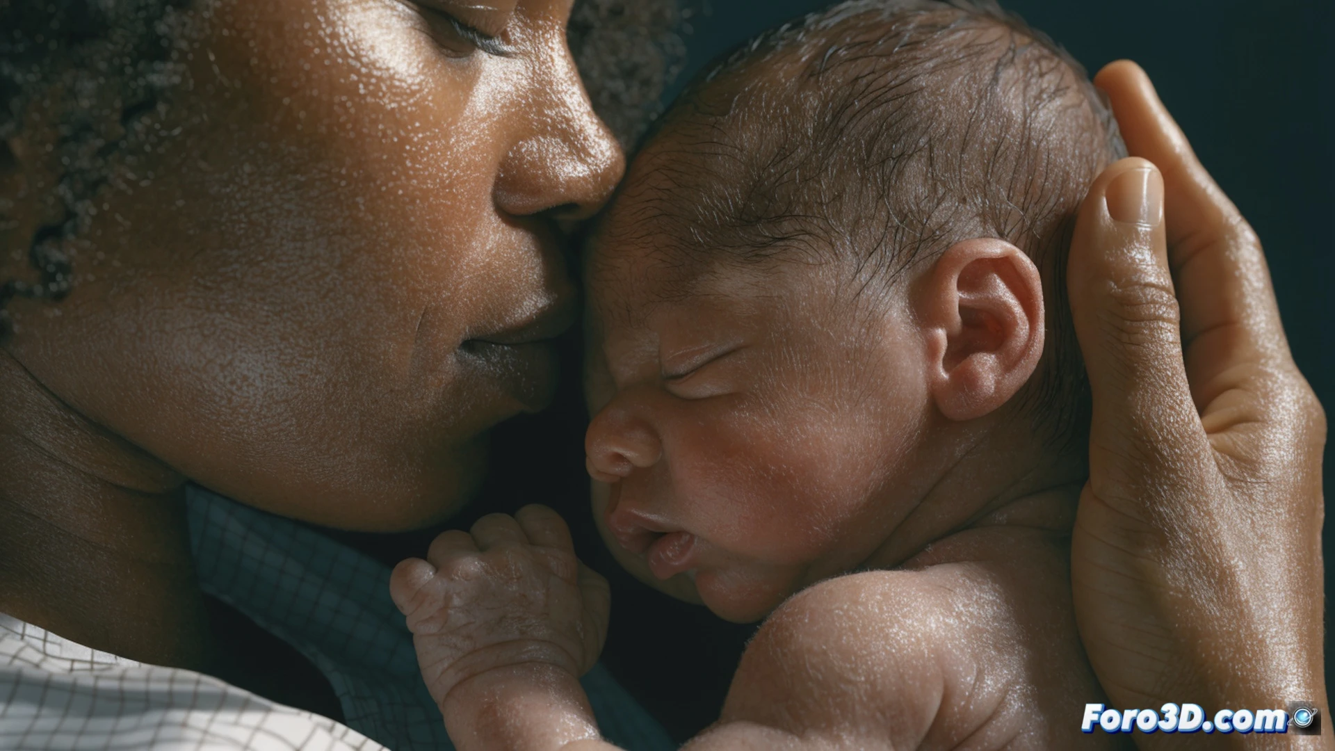 newborn baby resting on mother's bare chest immediately after birth, skin-to-skin contact action, medical monitor showing stable heart rate and temperature readings, soft hospital lighting, nurse adjusting a pulse oximeter on baby's foot, mother's hands gently cradling infant, photorealistic clinical illustration, warm flesh tones, sterile white sheets, calm delivery room atmosphere, hyper-detailed skin textures, faint glow of vital signs display, cinematic medical photography style