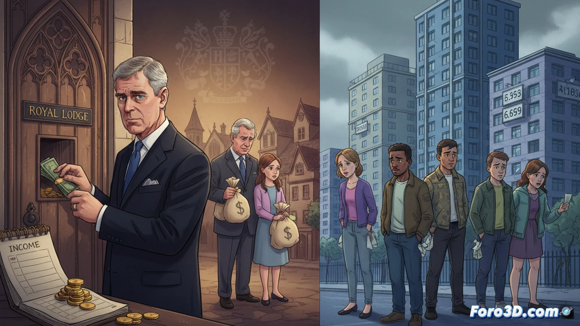 cinematic aerial view of Royal Lodge estate, three small rental houses being inspected by financial auditors with clipboards and magnifying glasses, while a royal accountant types on a laptop showing hidden revenue streams, contrast with distant Buckingham Palace where King Charles signs lease documents for non-working royal daughters, photorealistic architectural visualization, dramatic rain clouds casting shadows, golden autumn leaves falling, modern surveillance drones hovering, transparent blockchain ledger overlays showing undeclared income, sharp focus on lease contracts and building blueprints, moody British countryside lighting, ultra-detailed brick textures and window reflections