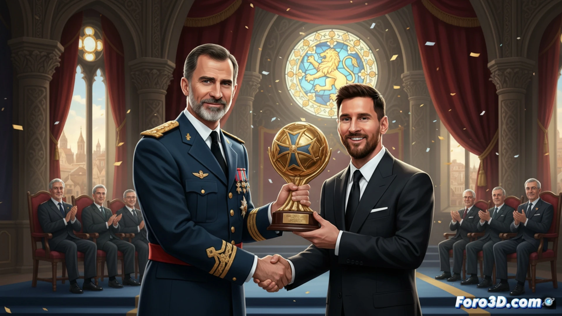 Primer plano de Messi con el Premio Príncipe de Asturias, sonrisa humilde, fondo de trofeos y bandera española.