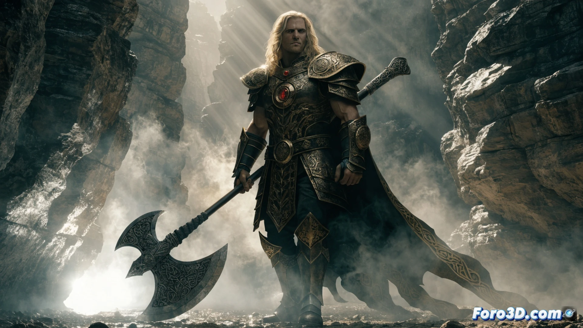 Viking warrior in chainmail armor and horned helmet swinging a battle axe while charging through a snowy battlefield, surrounded by swirling mist and glowing rune symbols on an ancient stone altar, a vintage comic book panel border framing the scene, ink wash and watercolor texture style with muted blues and grays, dramatic action pose showing mid-swing motion, weathered leather straps and metal rivets on armor, snowflakes caught in the wind, faint ghostly afterimages of previous battles trailing behind the figure, cinematic fantasy illustration, high contrast lighting, epic battle composition